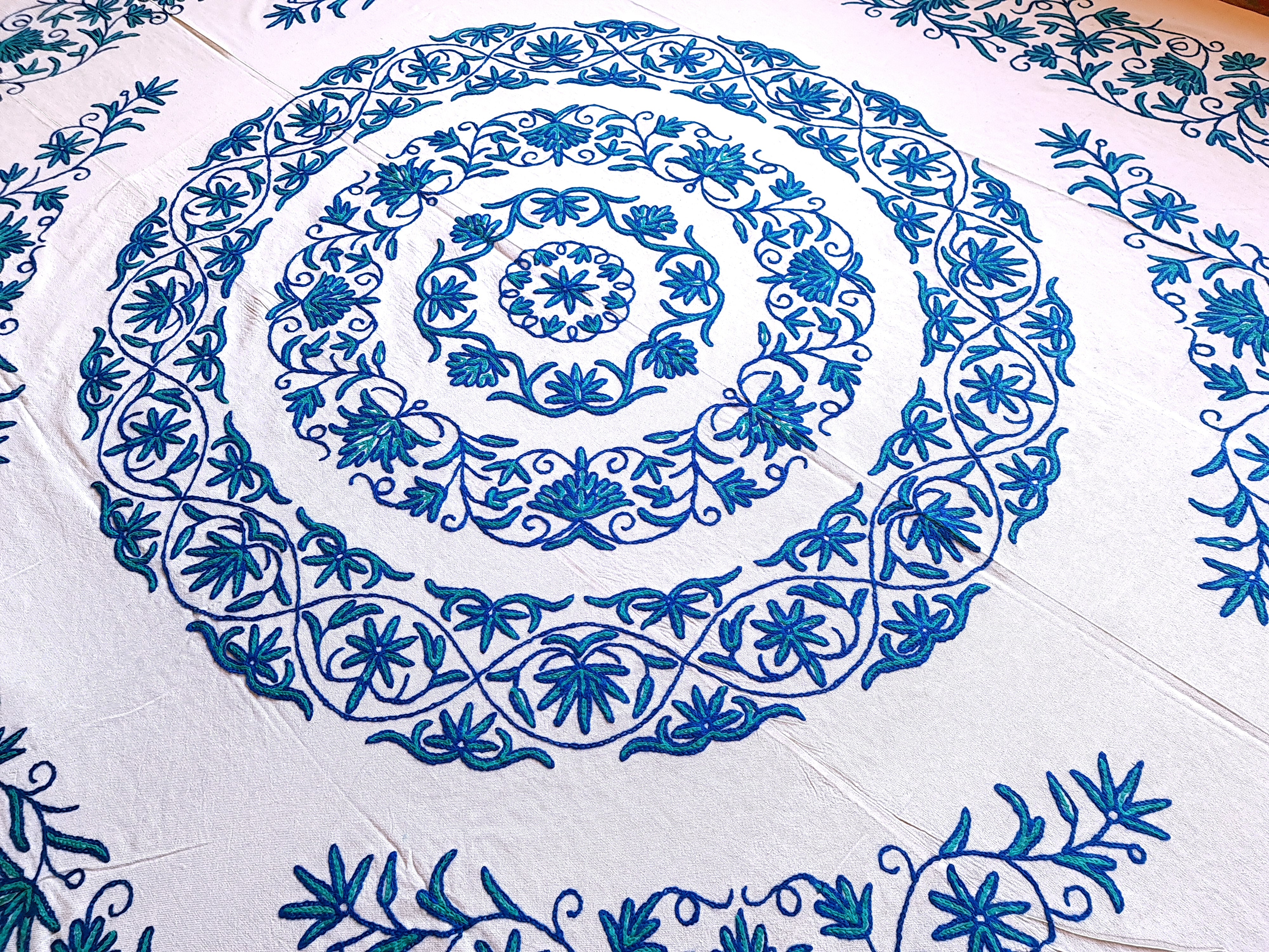 Hand embroidered Kashmiri bedspread - colorful crewel embroidery - large boho bed throw - The Shanti Home