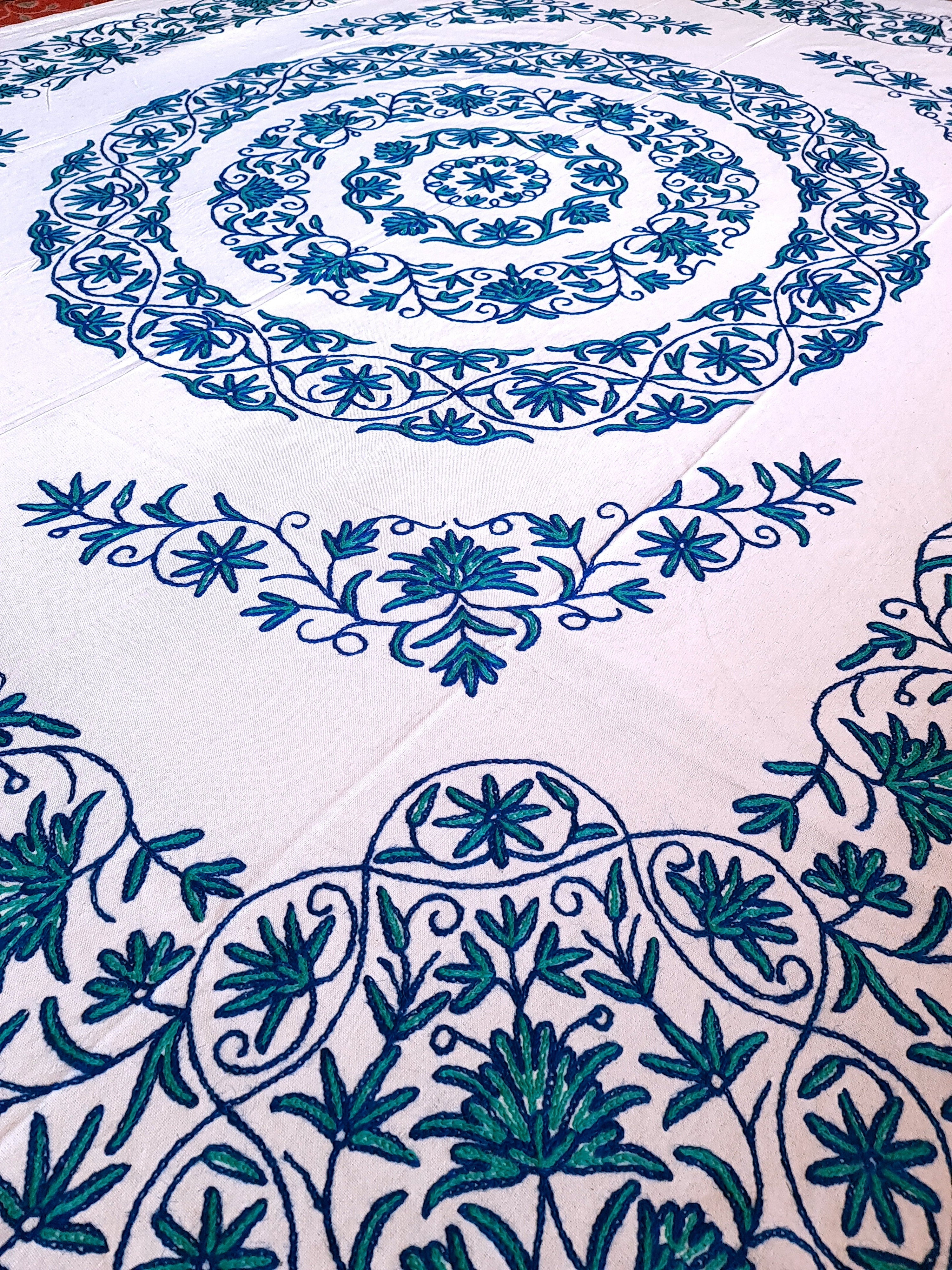 Hand embroidered Kashmiri bedspread - colorful crewel embroidery - large boho bed throw - The Shanti Home