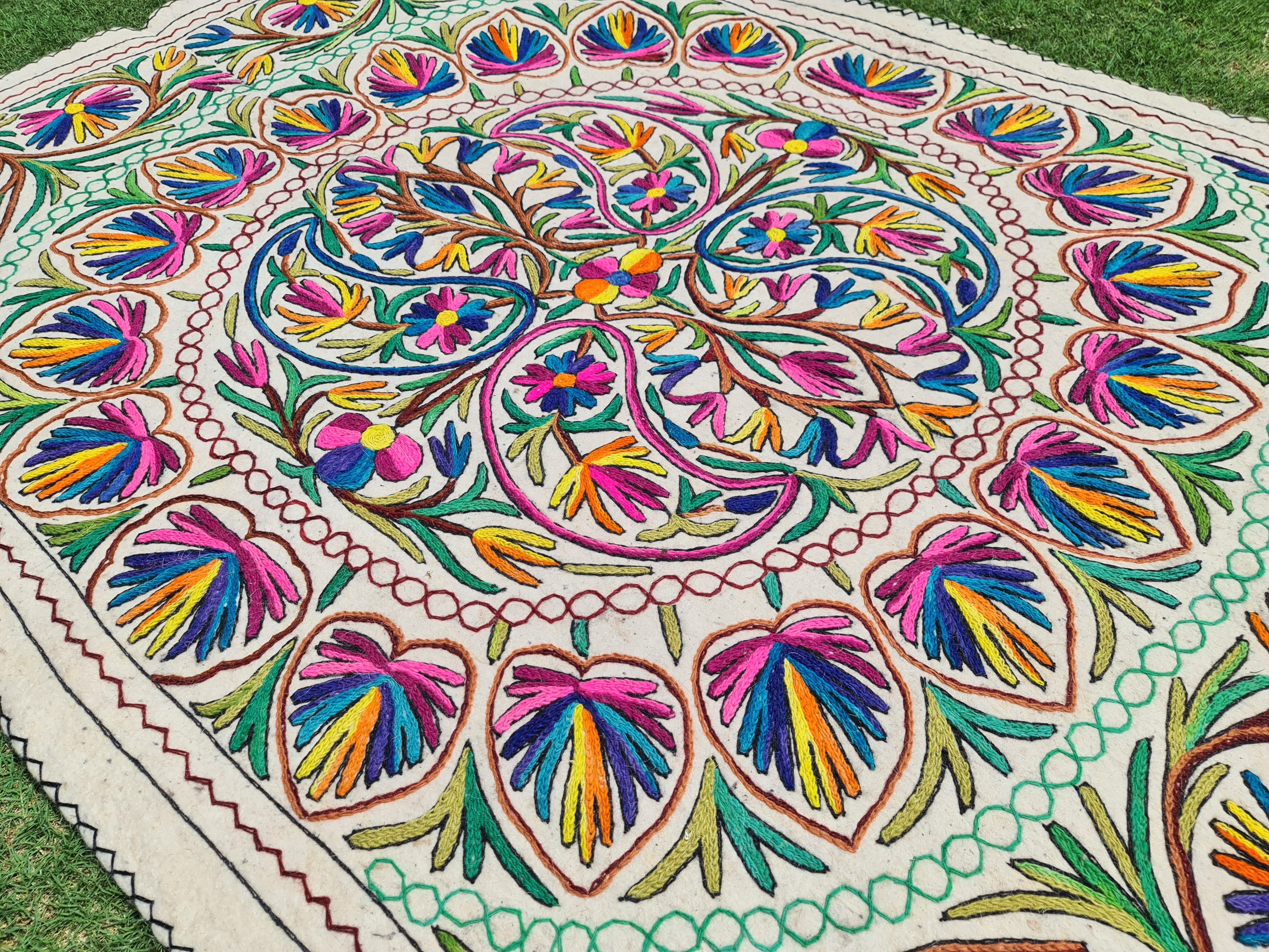 Hand-Felted 7x5 Wool Rug "Namda" from Kashmir - Unique Floral Embroidery on Sheep Wool Felt Base - Boho Decor for Cozy Floors and Artful Corners - The Shanti Home