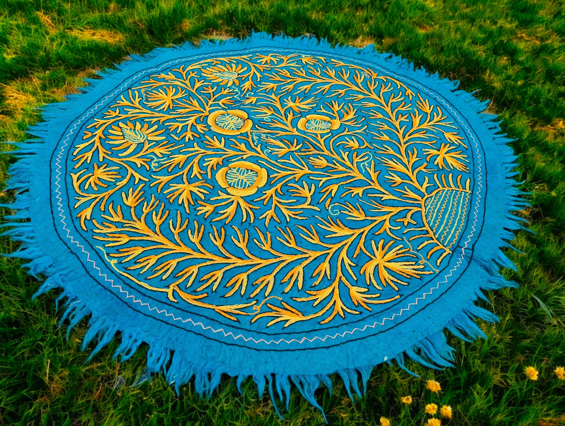 5ft Flower Namda - boho wool rug | hand felted and embroidered - Kashmiri area rug - Round wool rug - The Shanti Home