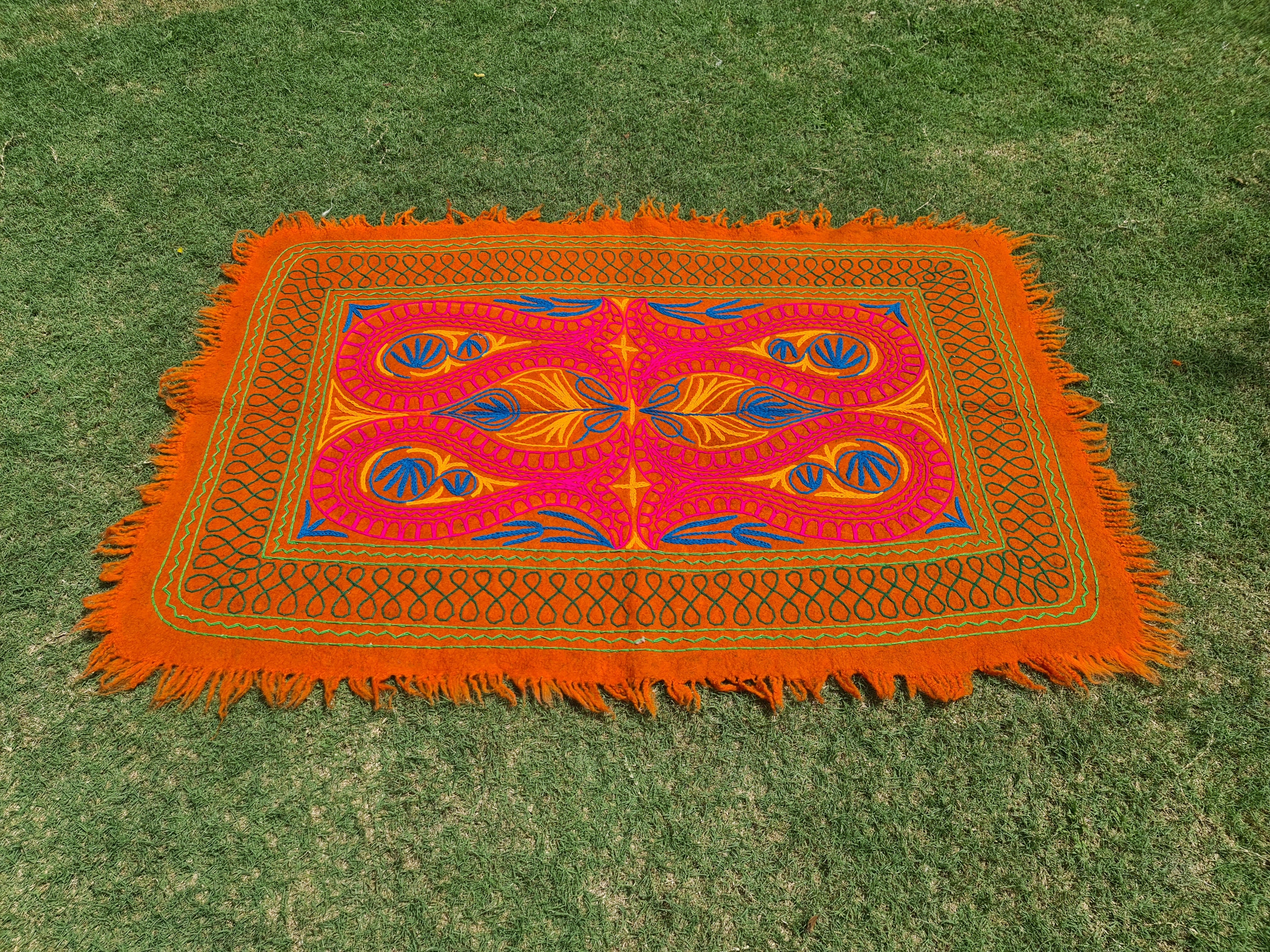Felted wool rug Kashmiri "Namda" colorful floral rug | embroidered soft wool bedroom rug - The Shanti Home