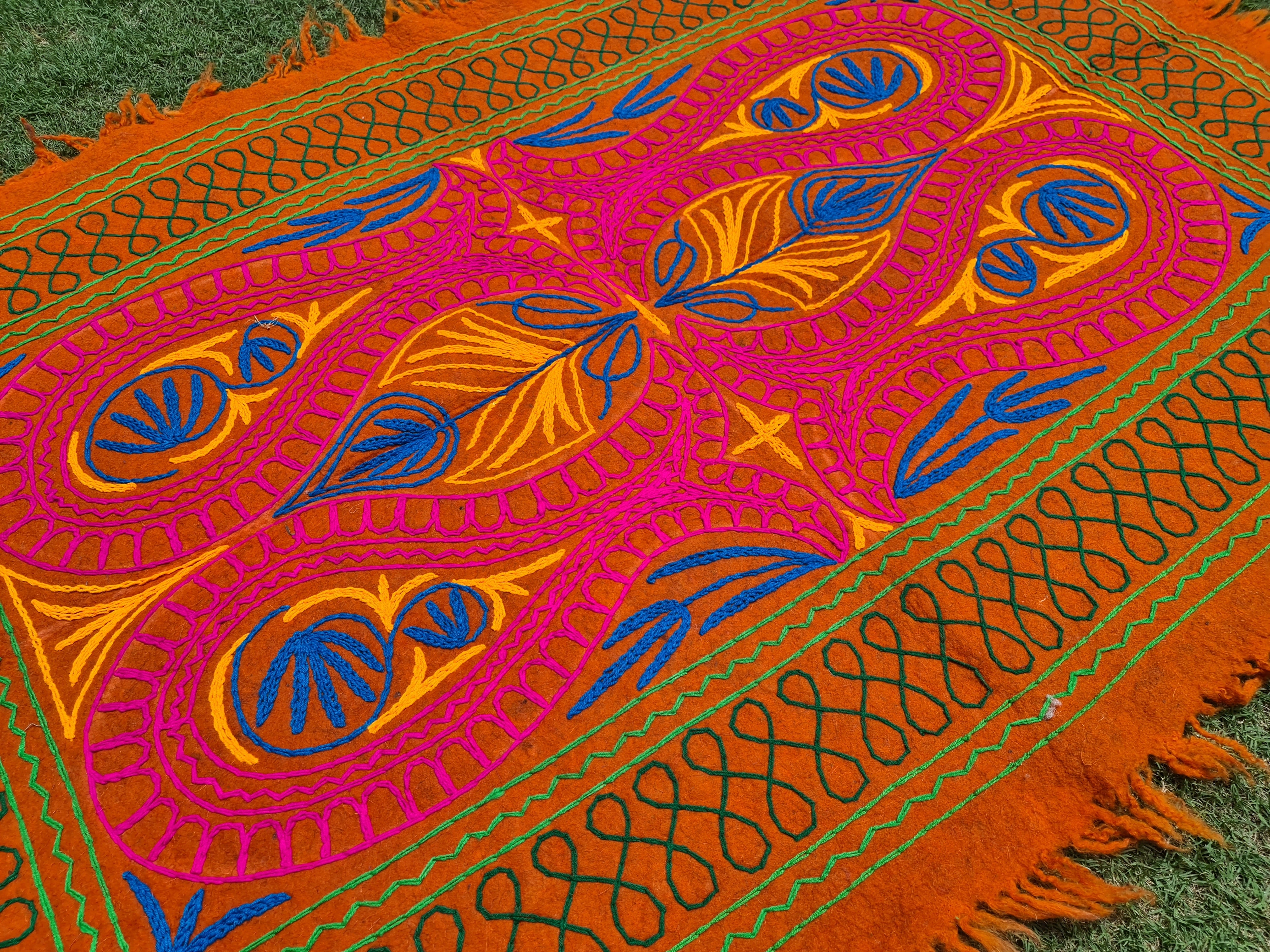 Felted wool rug Kashmiri "Namda" colorful floral rug | embroidered soft wool bedroom rug - The Shanti Home