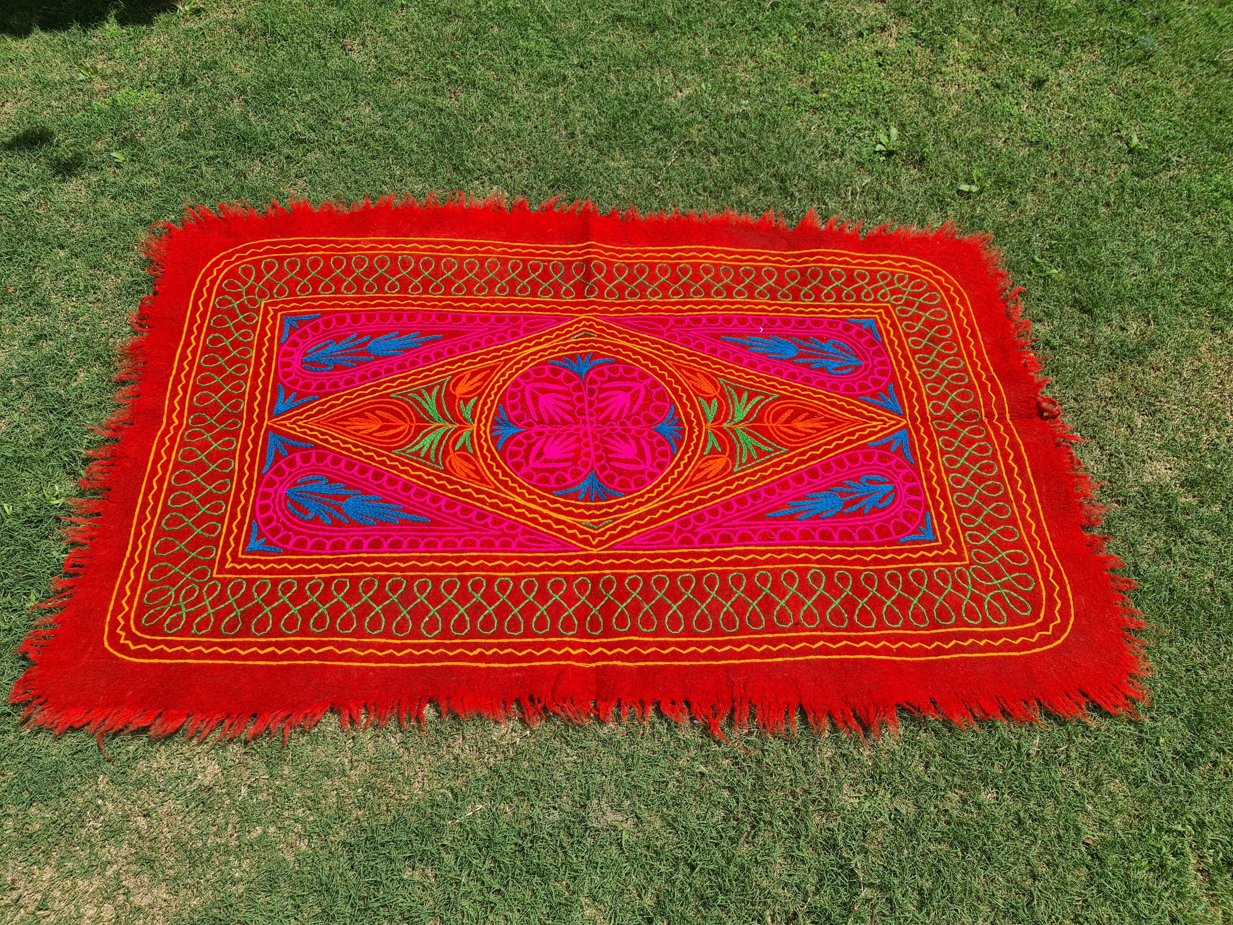 Felted wool rug Kashmiri "Namda" colorful floral rug | embroidered soft wool bedroom rug Hippie floor carpet - The Shanti Home