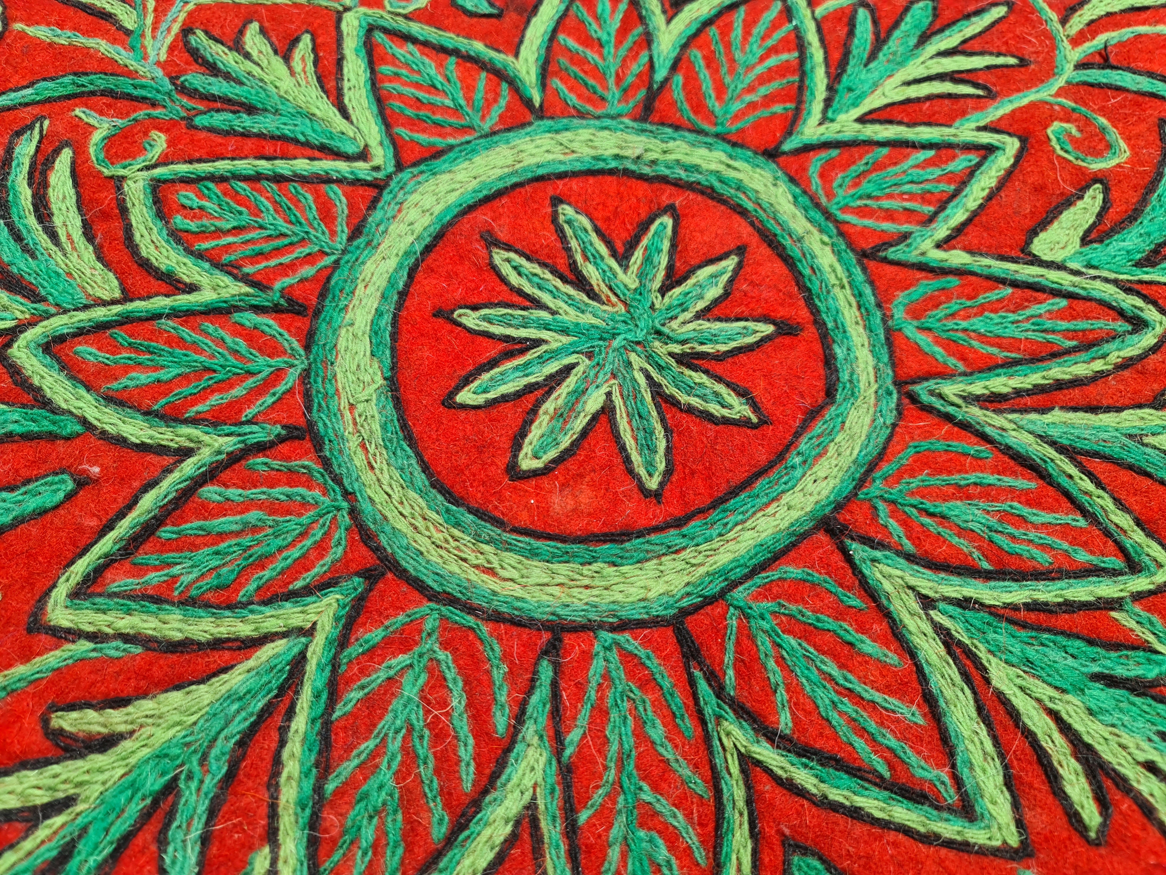 5ft Round Boho Wool Rug | Handmade Kashmiri “Namda” | Embroidered Felted Floor Carpet