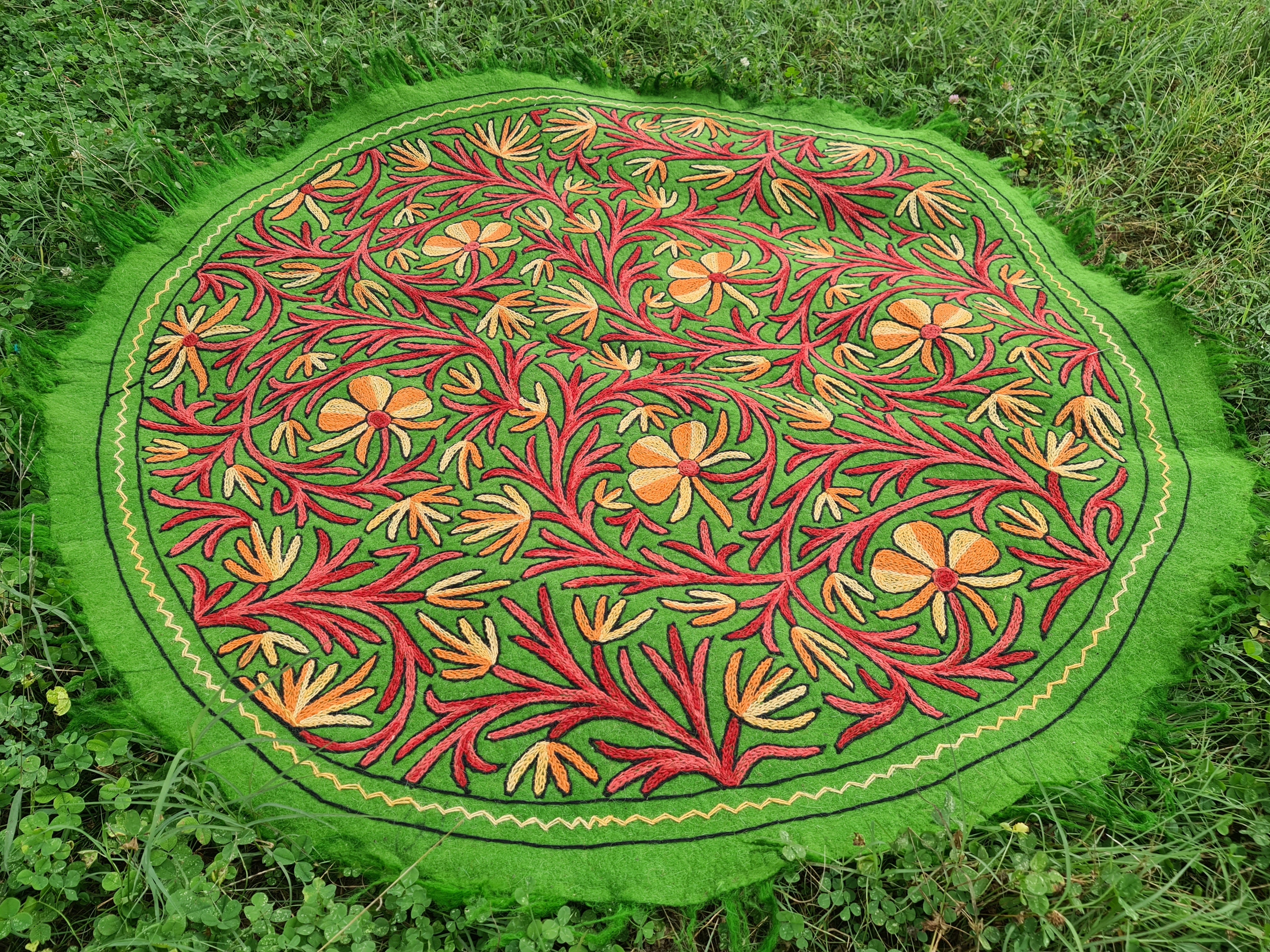 5ft Mandala Wool Rug “Namda” | Hand-Felted & Embroidered | Boho Round Area Carpet