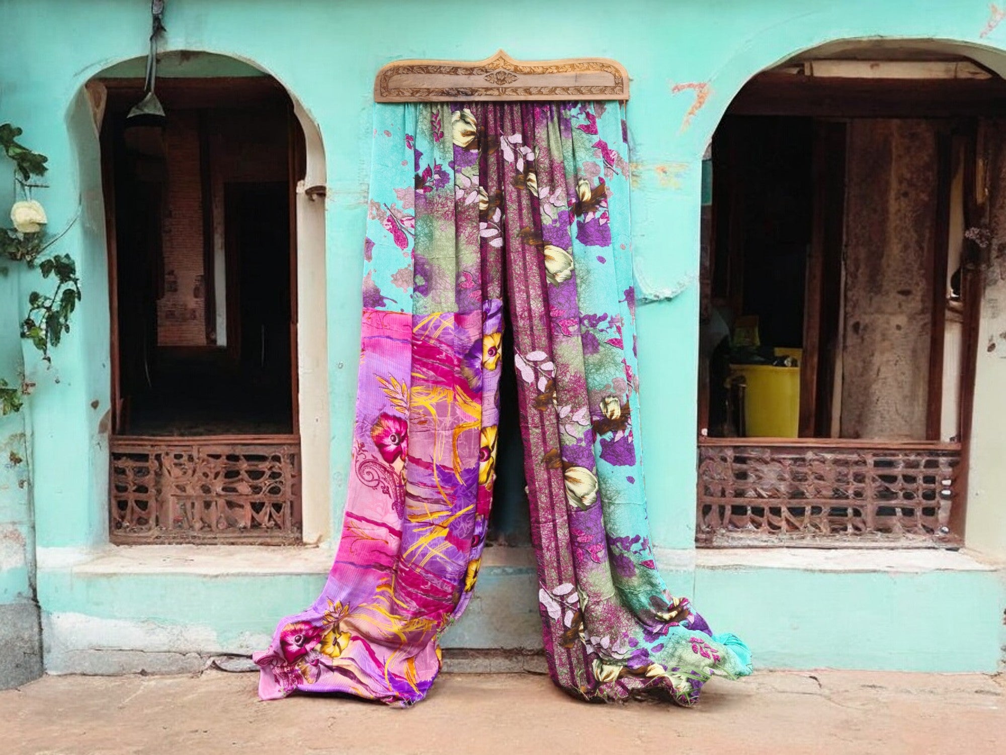 Hand carved walnut wood door topper and curtain - vintage saree bed crown- entrance decor - The Shanti Home