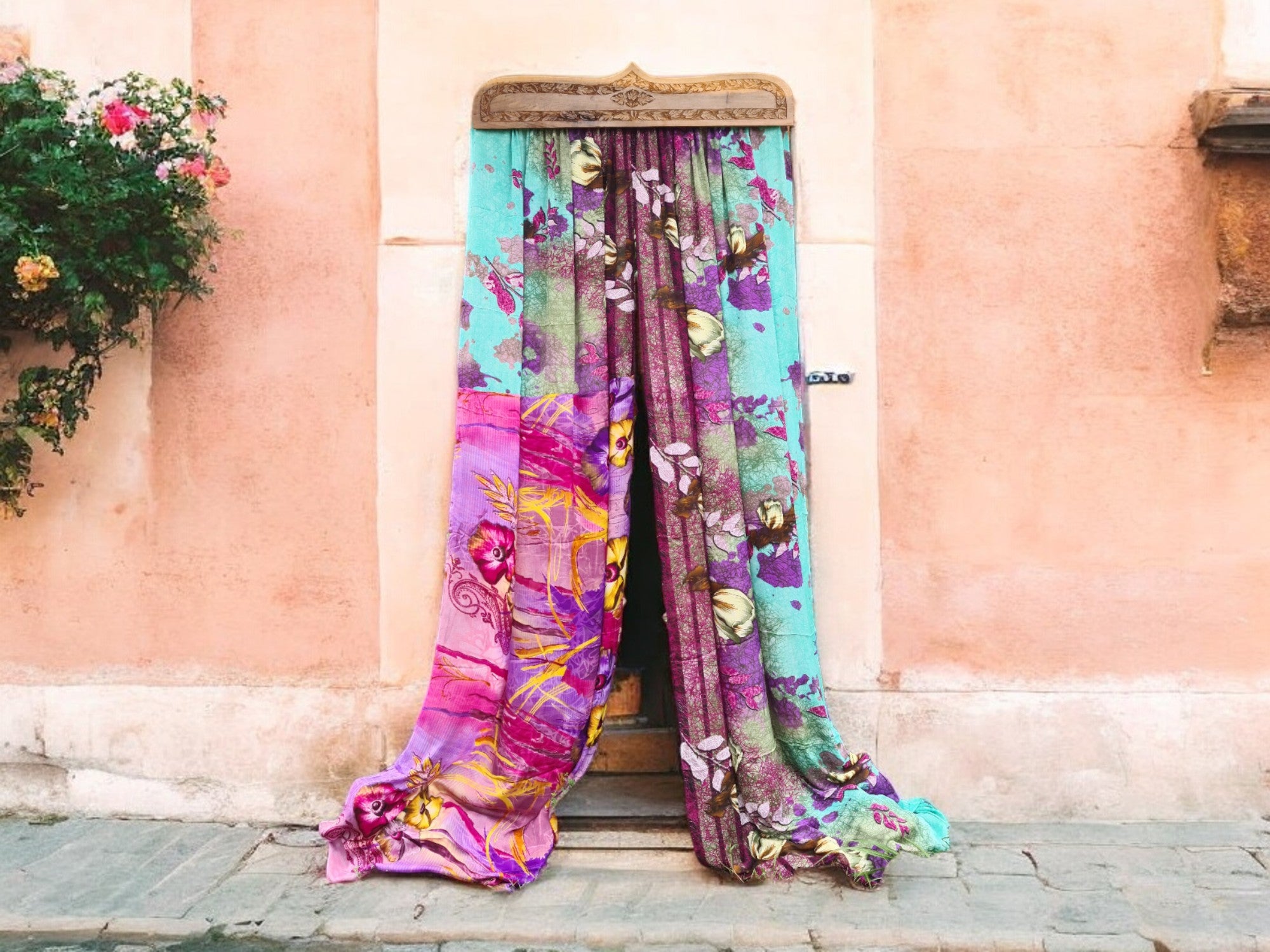 Hand carved walnut wood door topper and curtain - vintage saree bed crown- entrance decor - The Shanti Home