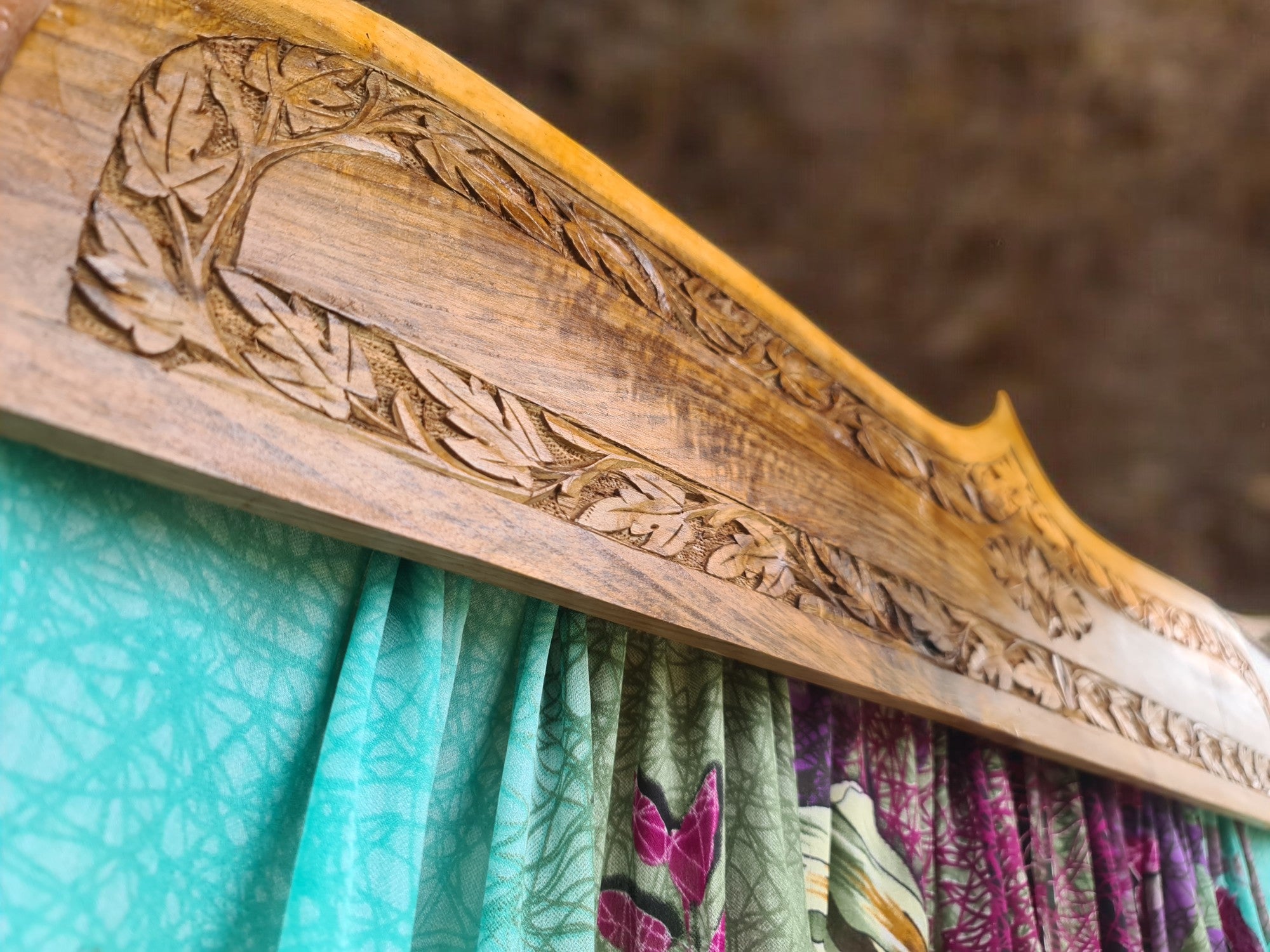 Hand carved walnut wood door topper and curtain - vintage saree bed crown- entrance decor - The Shanti Home