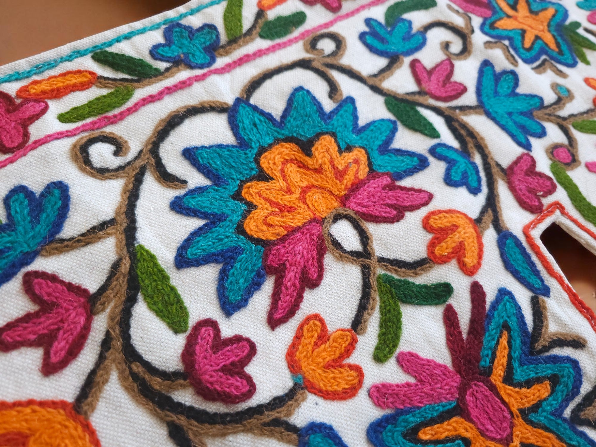 Kashmiri Toran Door Valance 39" Hand-Embroidered Floral Cotton & Wool Banner Crewel embroidery