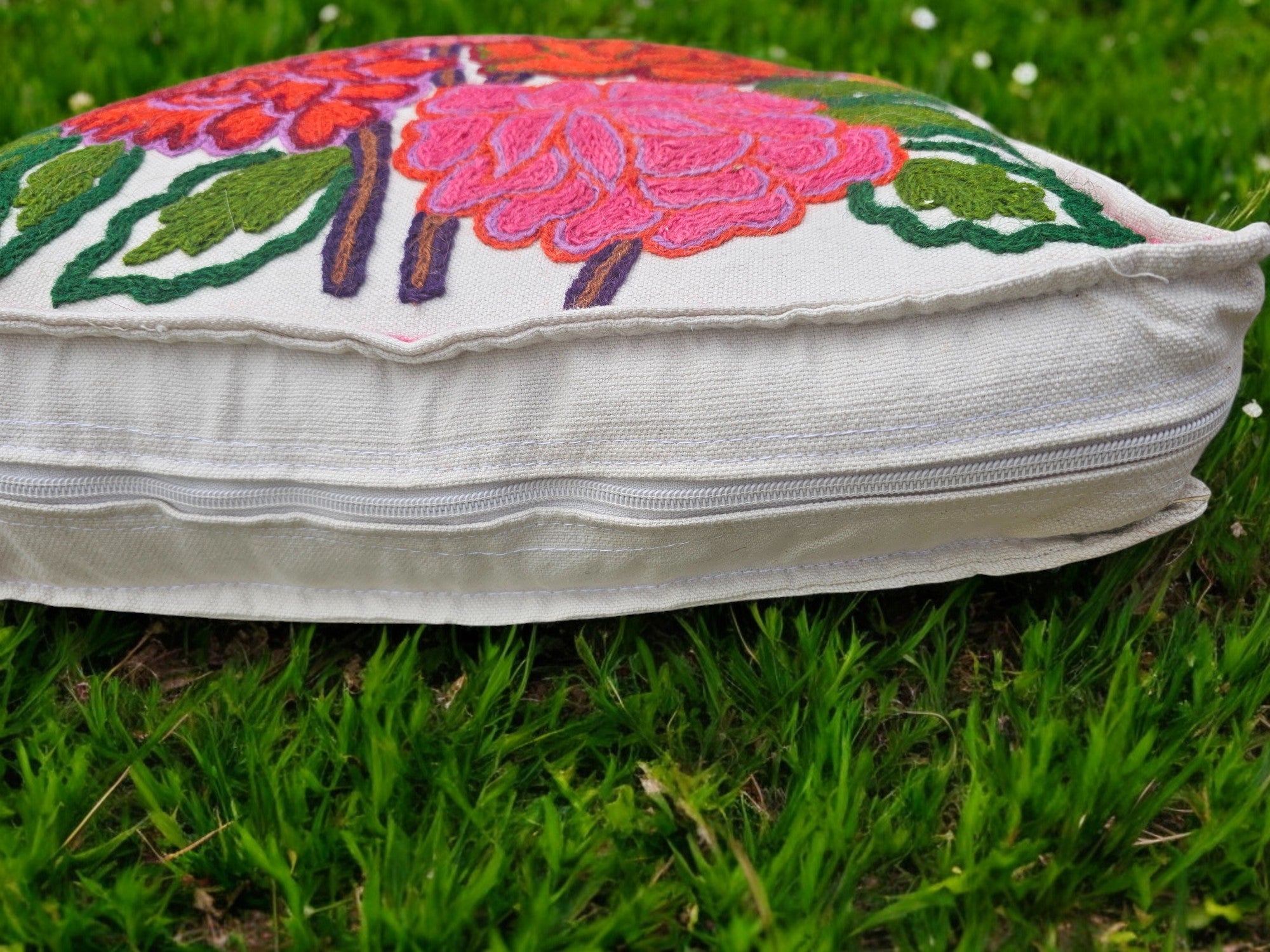 Artisan Kashmiri Embroidered Mandala Cushion Cover – Boho Hippie Floor Pillow for Meditation or Lounge Decor (Cover Only)