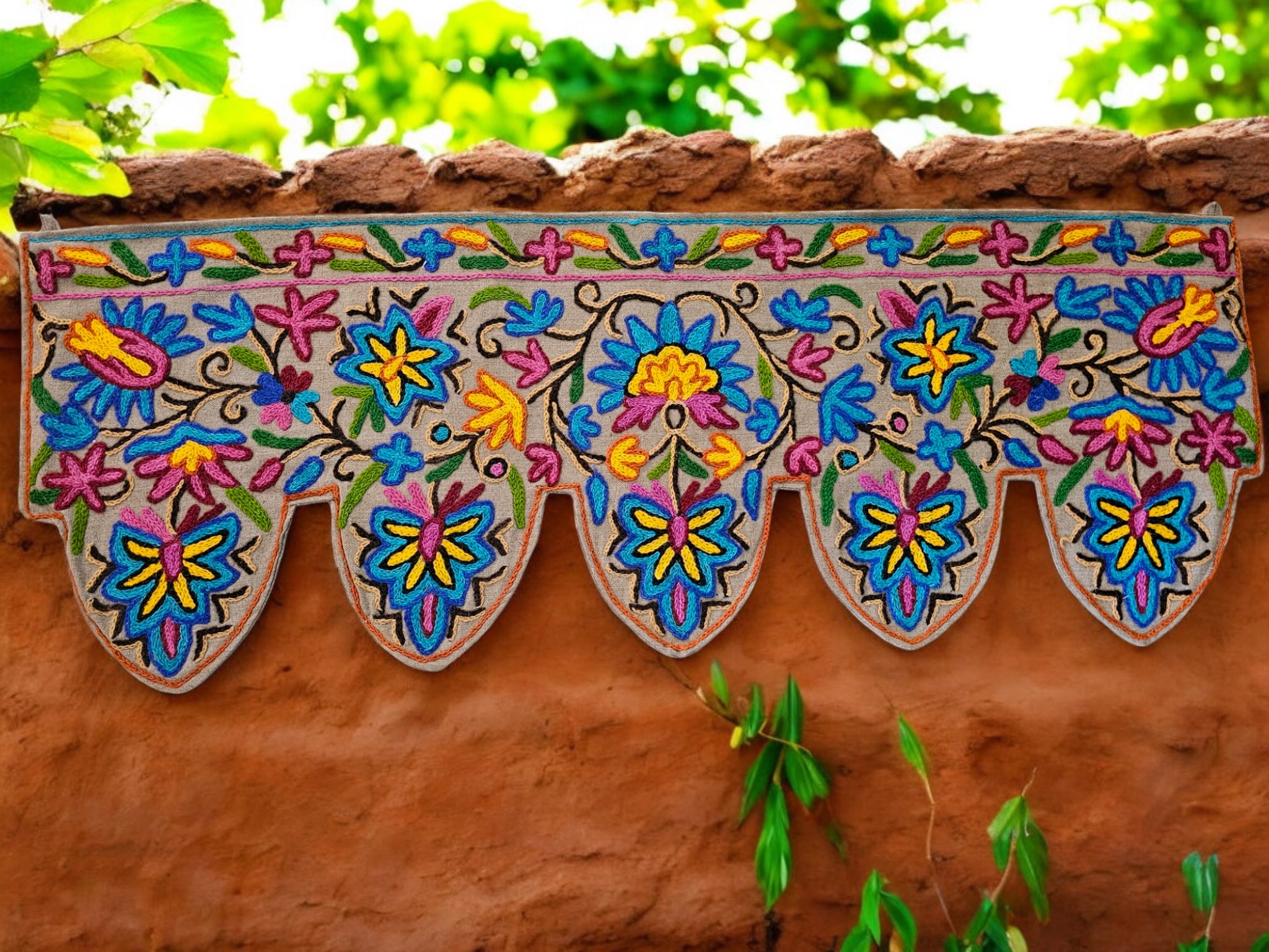 Kashmiri Toran Door Valance 39" Hand-Embroidered Floral Cotton & Wool Banner Crewel embroidery, Boho Wall/Window Decor