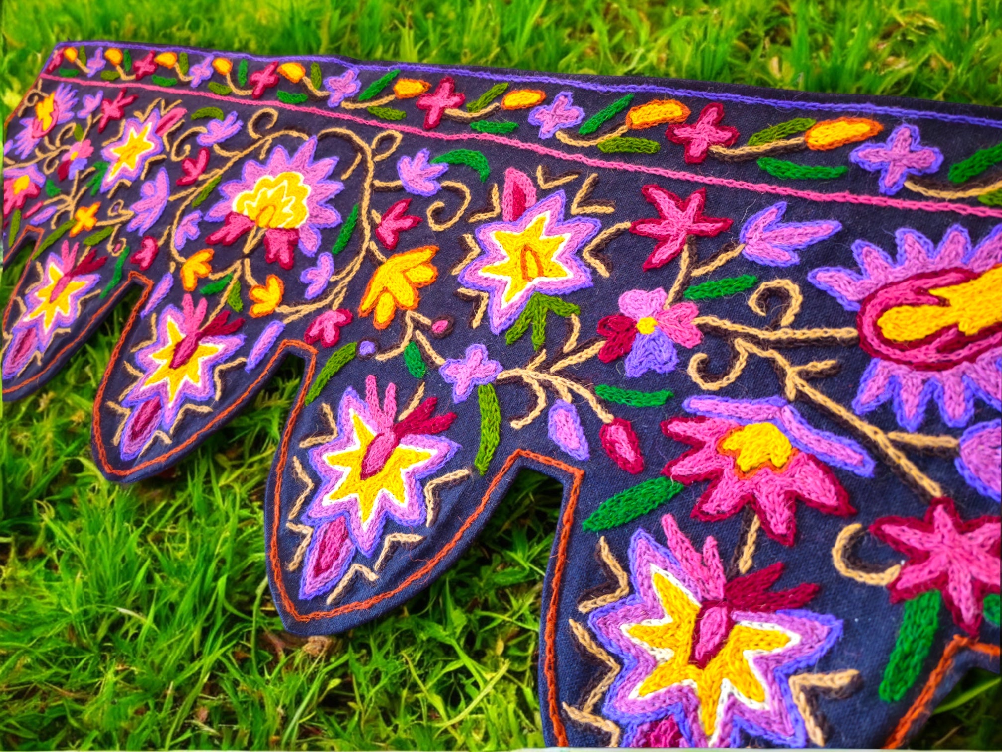 Kashmiri Toran Door Valance 39" Hand-Embroidered Floral Cotton & Wool Banner Crewel embroidery
