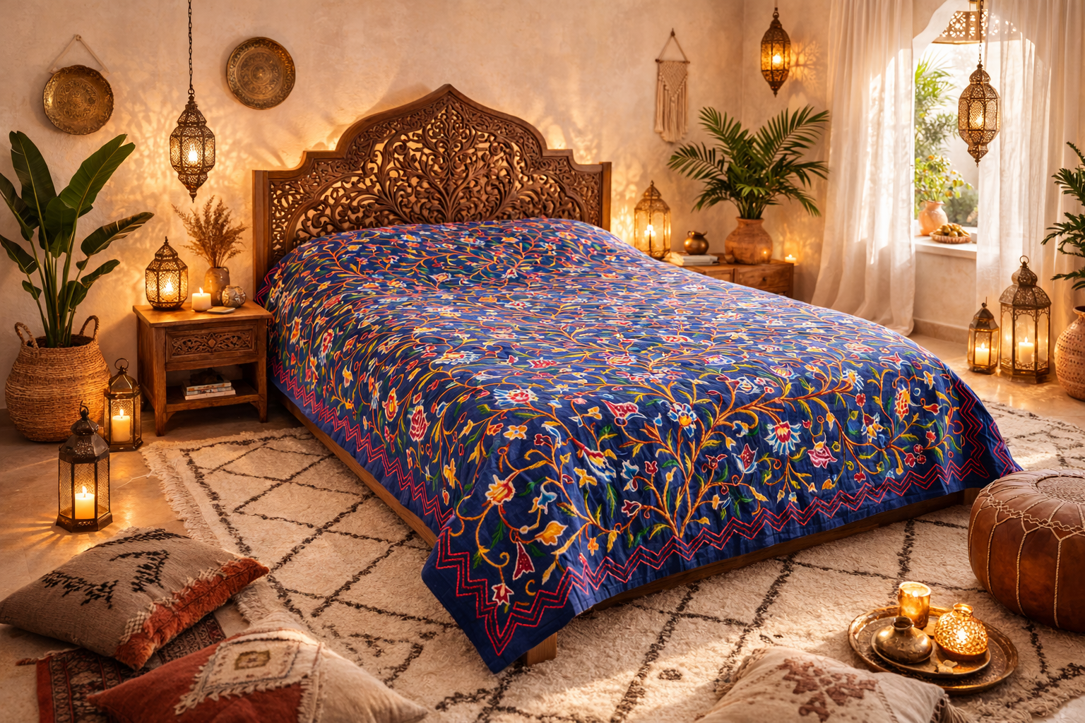 Bohemian luxury bedding "Dream of Kashmir" hand embroidered bed thow