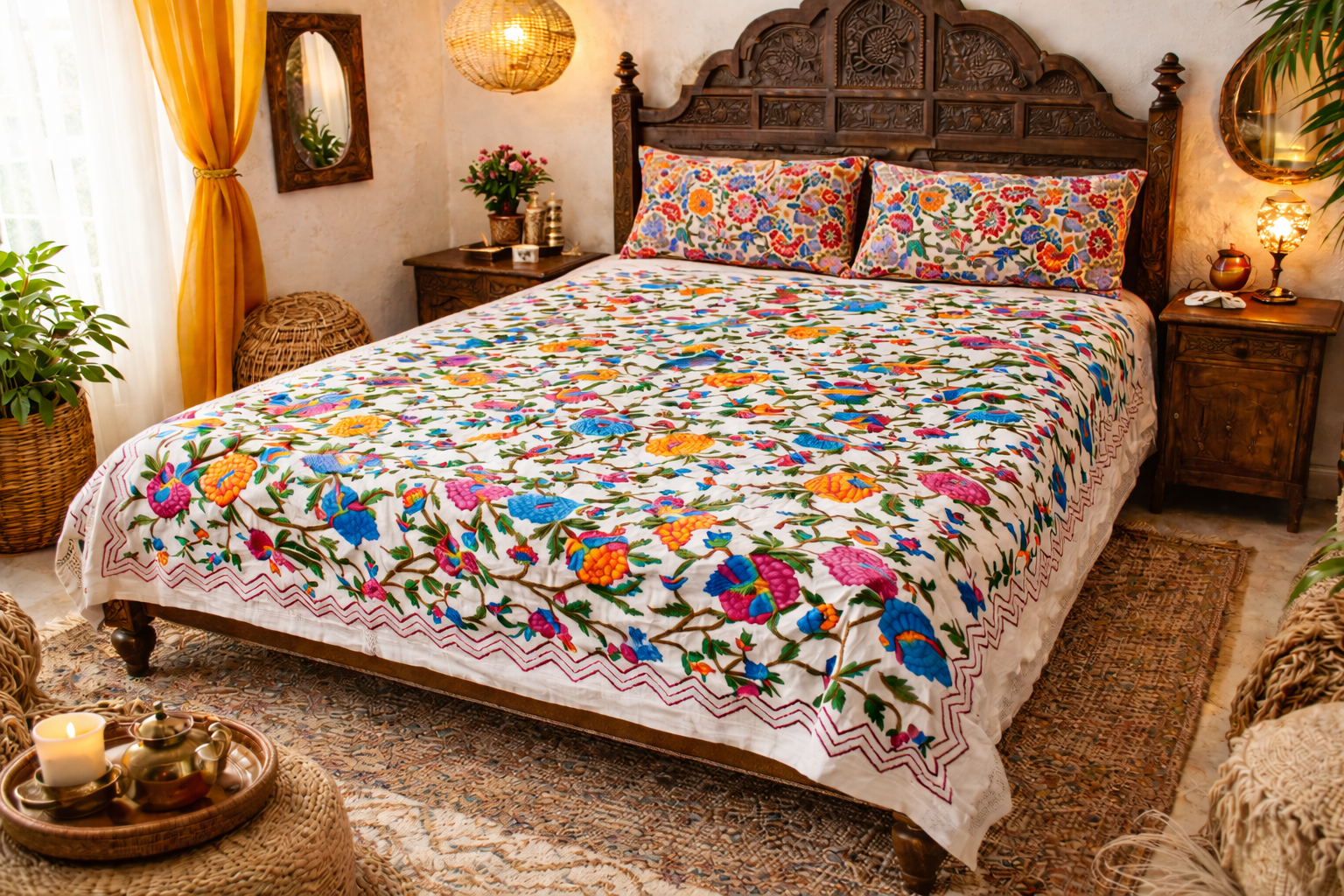 Bohemian bedding - luxury bed throw | Kashmir Crewel embroidery - floral design