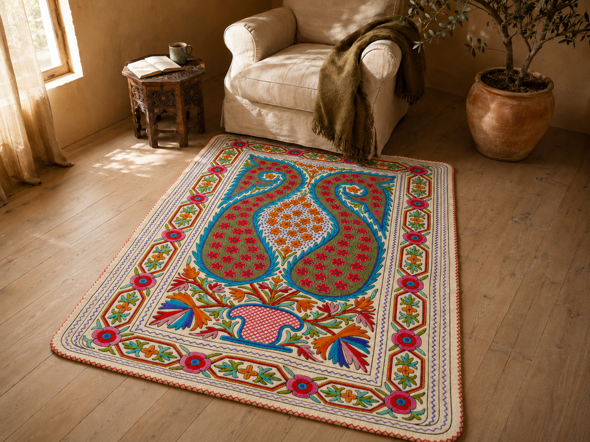 Gefilzter Wollteppich "Bergblume" | Bunter Teppich "Namda" aus Kaschmir | Blumenstickerei auf weißem 6x4 'Filzteppich | böhmisch - Boho