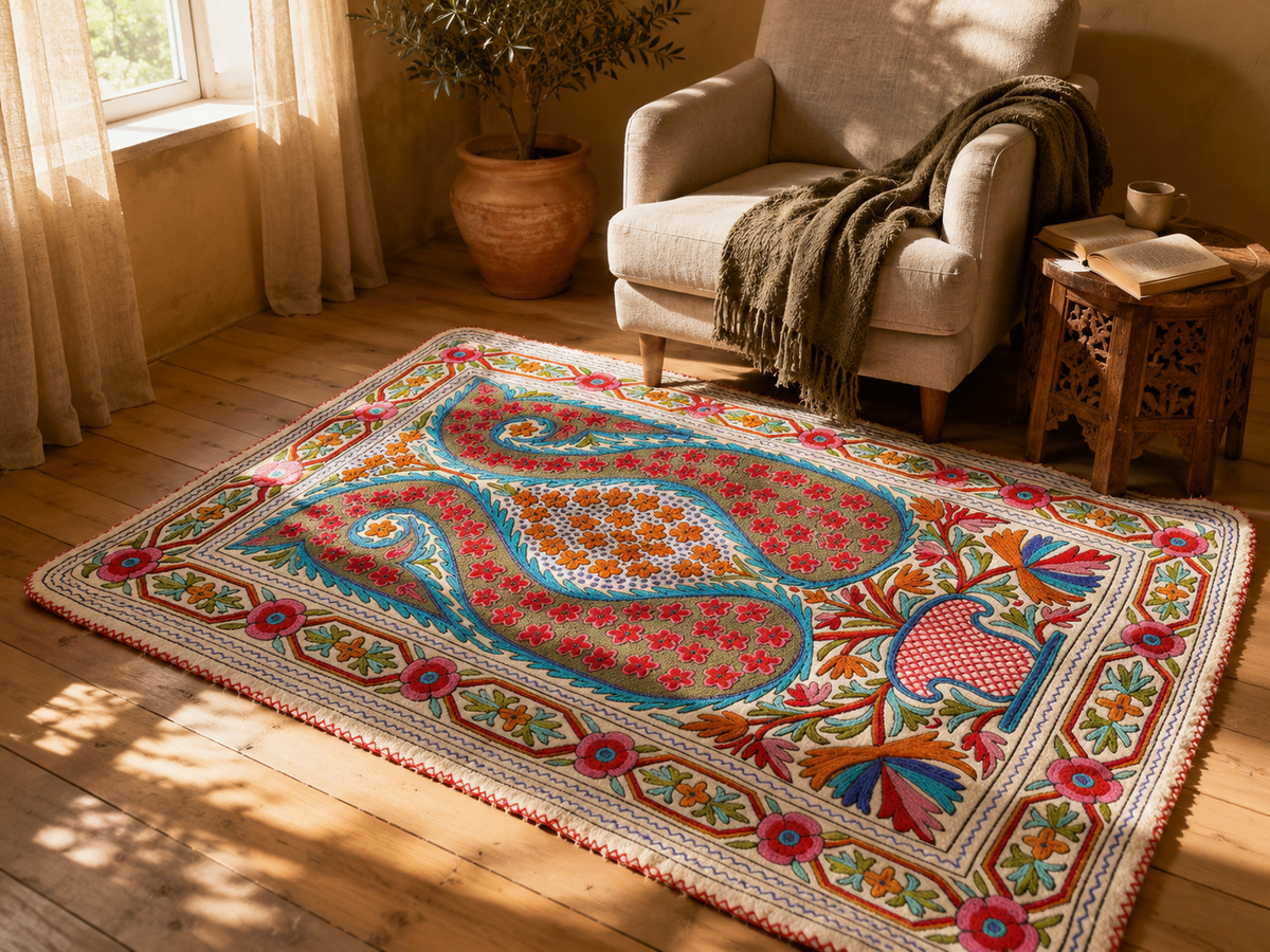 Kashmiri Artisan Rug Hand-Felted Namda From Kashmir | Floral Embroidered Boho Area Carpet