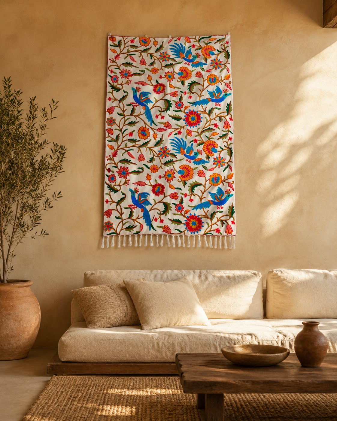 Embroidered Tapestry Kashmiri Wall Hanging 3x5ft Cotton and Wool Wall Decor