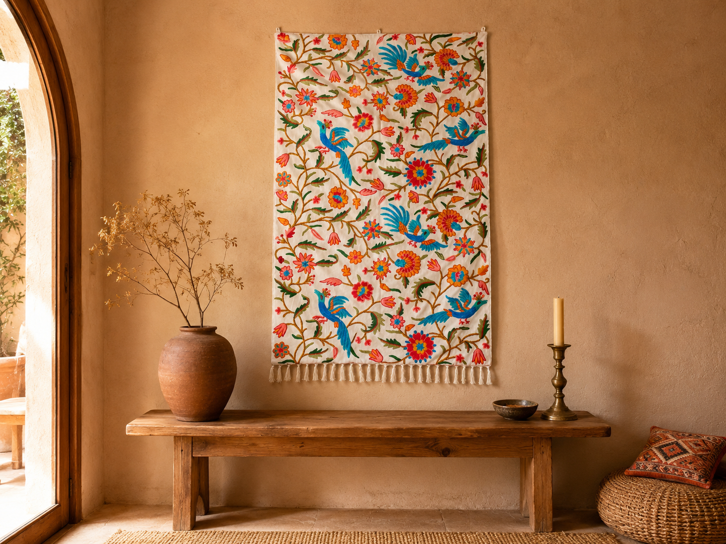 Embroidered Tapestry Kashmiri Wall Hanging 3x5ft Cotton and Wool Wall Decor