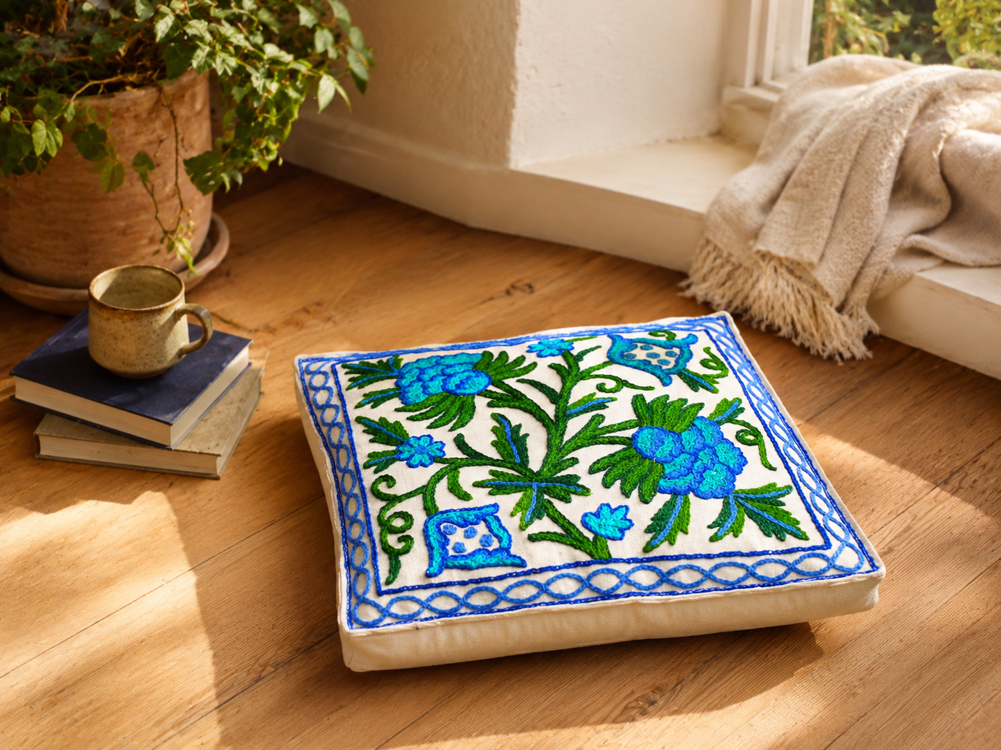 Kashmiri Wool Meditation Cushion – Hand-Embroidered Floral Design
