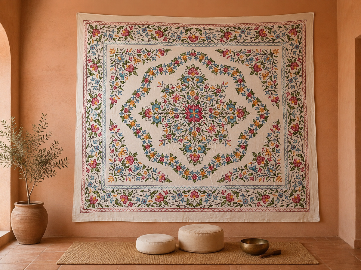 Kashmiri Crewel embroidery bed throw - Floral Design bohemian luxury bedding