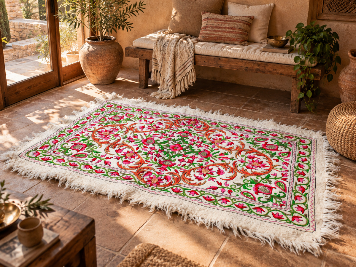 Kashmiri Artisan Rug Hand-Felted Namda From Kashmir | Floral Embroidered Boho Area Carpet