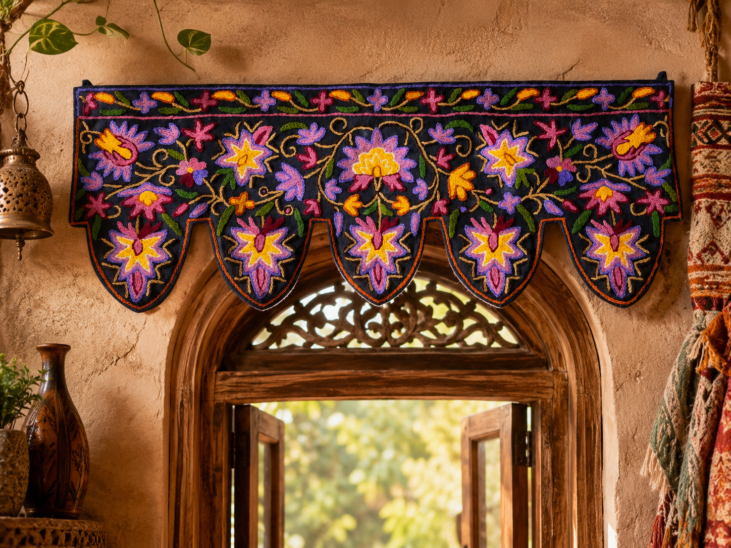 Kashmiri Toran Door Valance 39" Hand-Embroidered Floral Cotton & Wool Banner Crewel embroidery