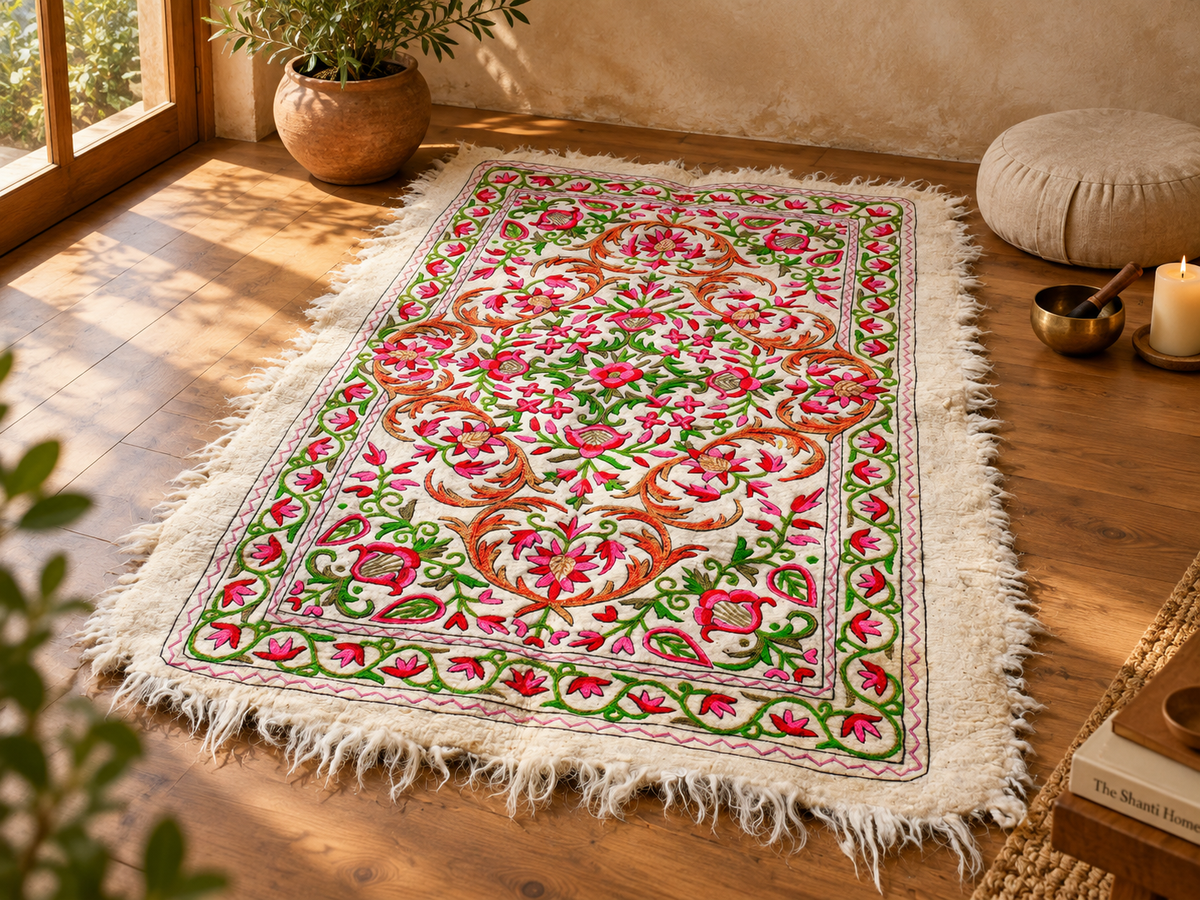 Kashmiri Artisan Rug Hand-Felted Namda From Kashmir | Floral Embroidered Boho Area Carpet