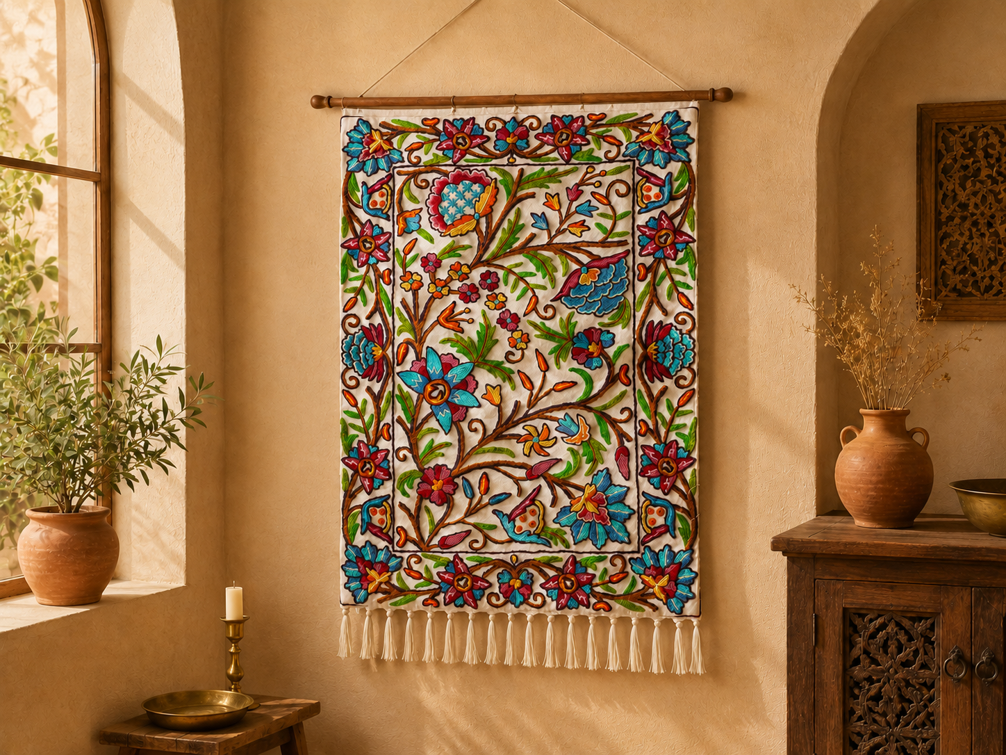 Kashmiri Embroidered Wall Hanging — Floral design, Wool on Cotton