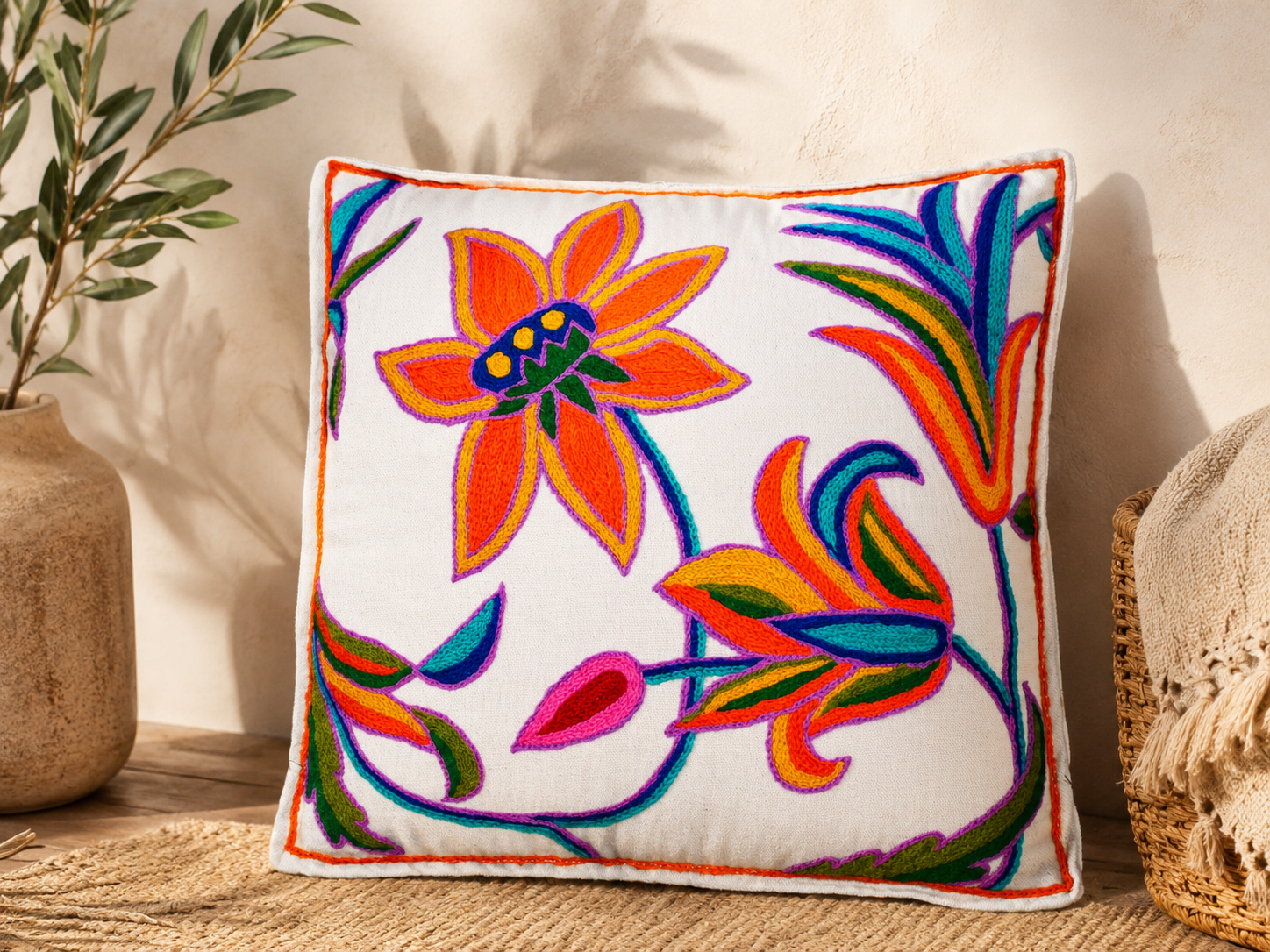 Artisan Kashmiri Embroidered Mandala Cushion Cover – 16x16" Floor Pillow for Meditation or Lounge Decor (Cover Only)