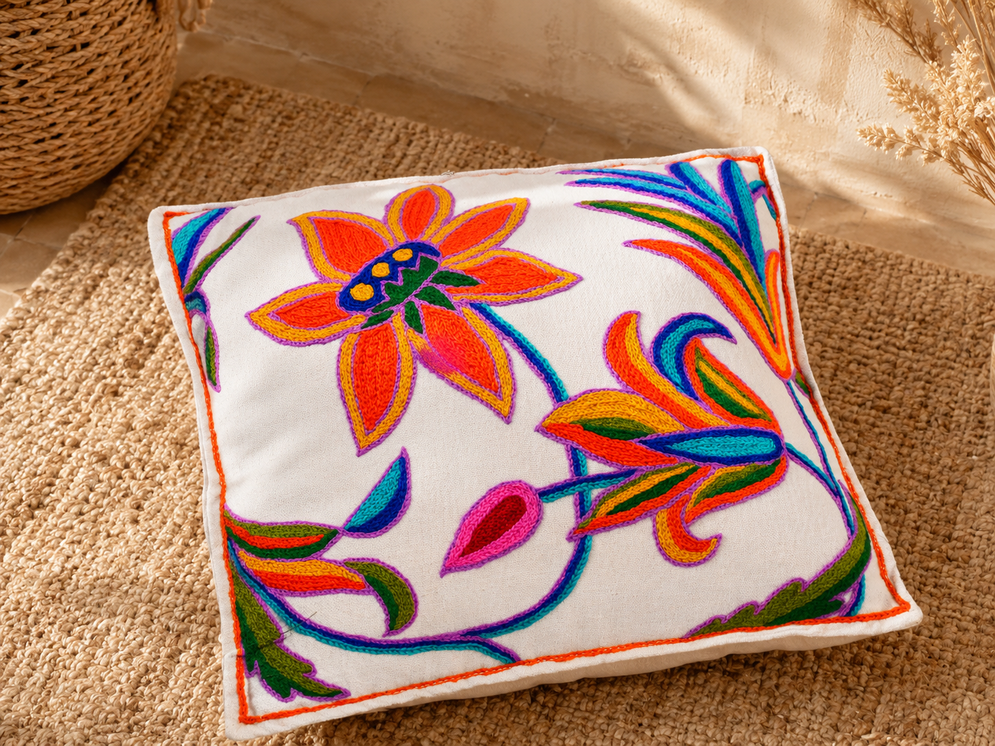 Artisan Kashmiri Embroidered Mandala Cushion Cover – 16x16" Floor Pillow for Meditation or Lounge Decor (Cover Only)