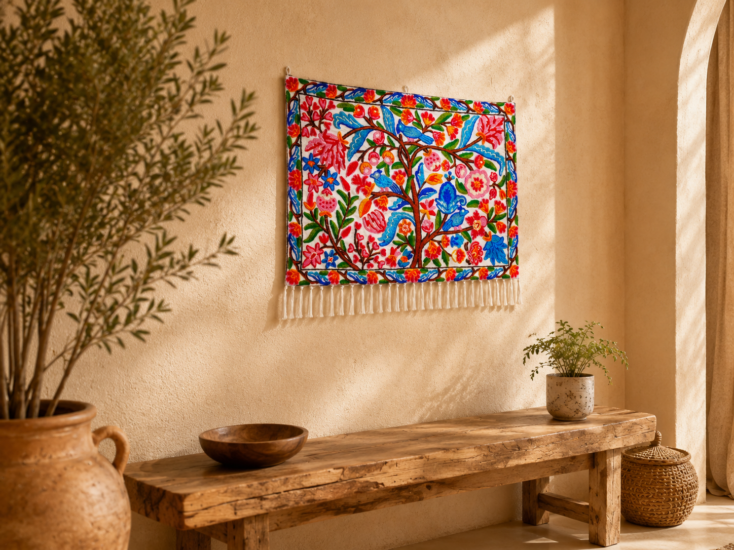 Kashmiri Embroidered Wall Hanging — Floral Tree & Birds, Wool on Cotton