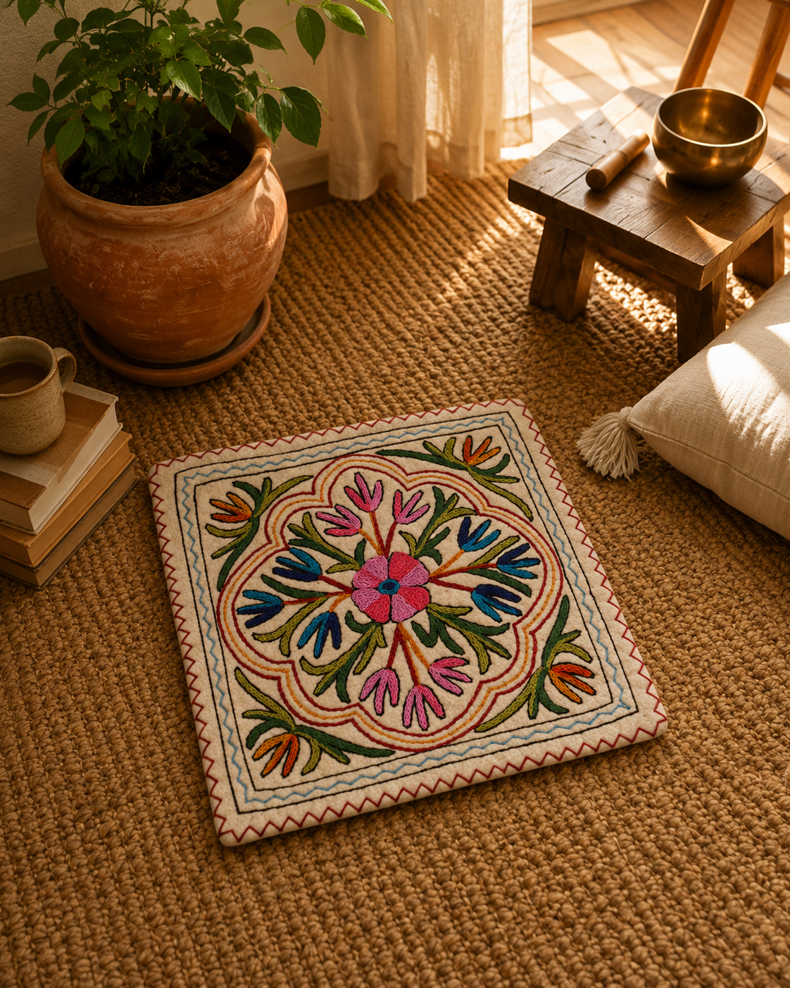 Cojín de suelo - Alfombrilla de meditación - Cojín de silla de fieltro de lana | Alfombrilla "Namda" de Cachemira | Decoración boho hippie