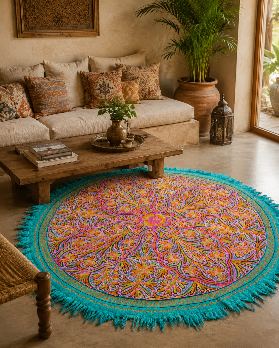 5ft Flower Namda - boho wool rug | hand felted and embroidered - Kashmiri area rug - Round wool rug