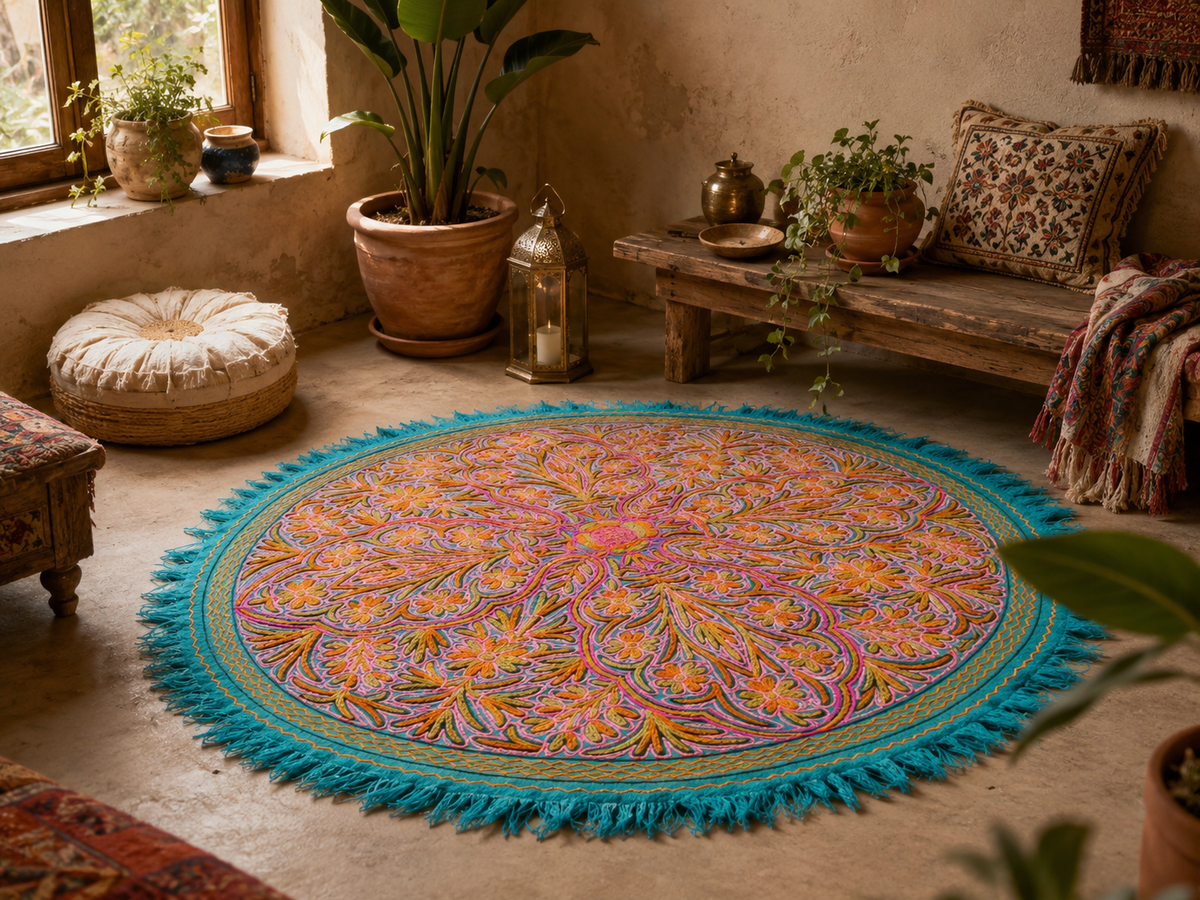 5ft Flower Namda - boho wool rug | hand felted and embroidered - Kashmiri area rug - Round wool rug