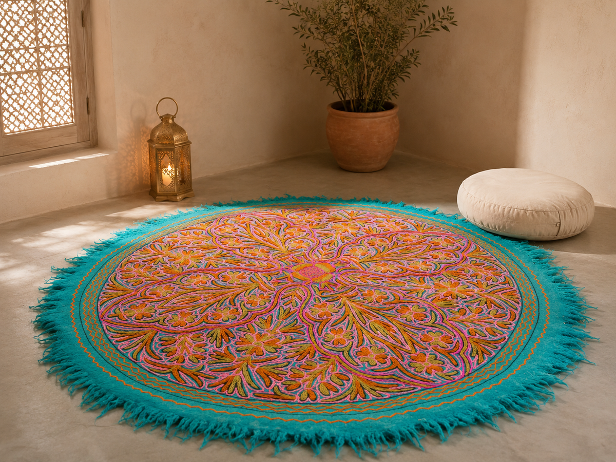 5ft Flower Namda - boho wool rug | hand felted and embroidered - Kashmiri area rug - Round wool rug