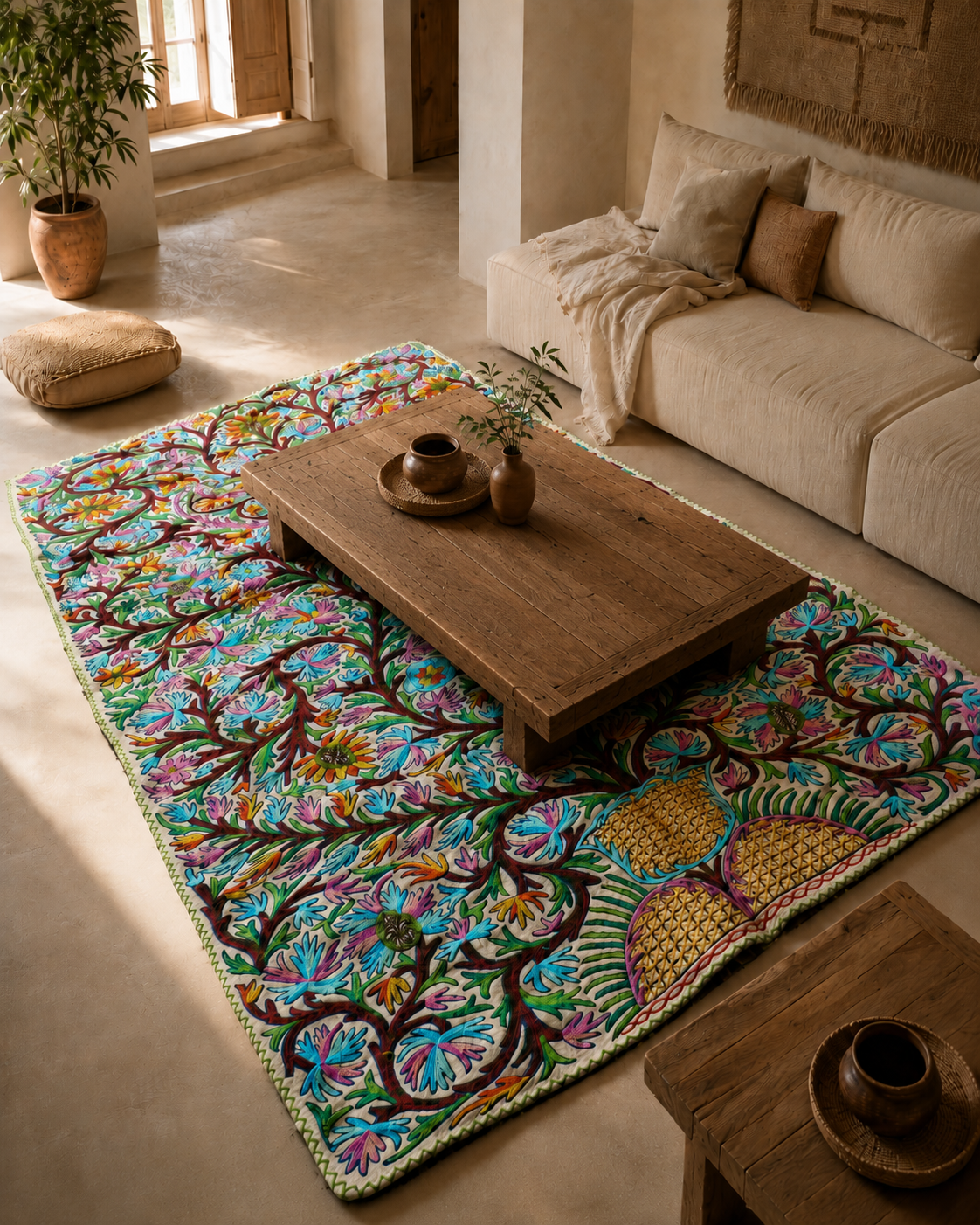 Alfombra Namda Extragrande 6x12 | Lana del Himalaya Colorida Bordada a Mano | Arte Boho para el Suelo del Árbol de la Vida