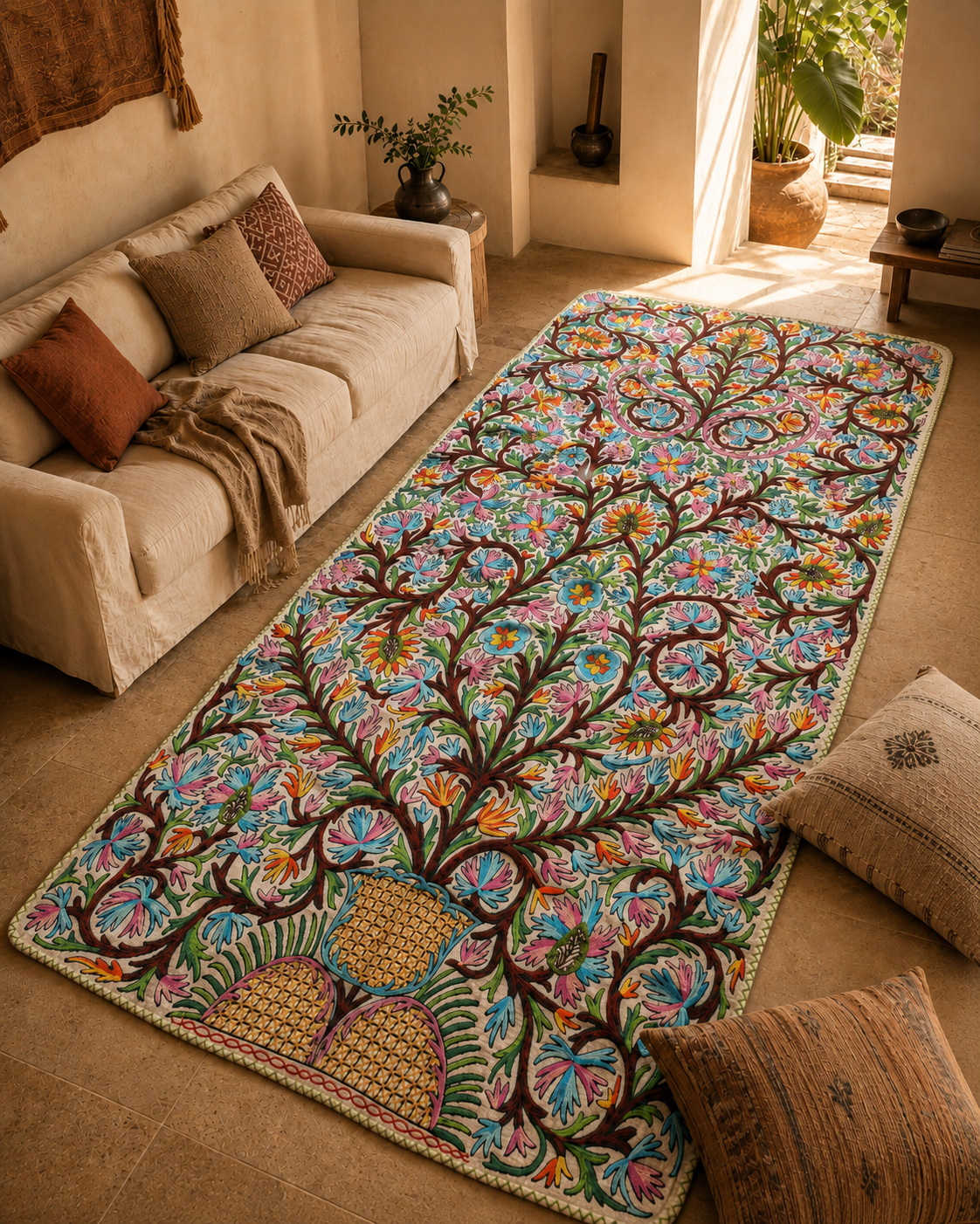 Alfombra Namda Extragrande 6x12 | Lana del Himalaya Colorida Bordada a Mano | Arte Boho para el Suelo del Árbol de la Vida