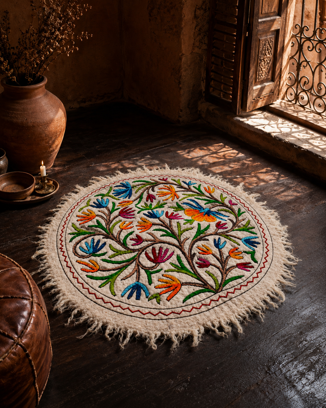 Boho Mandala Rug – Handcrafted Wool Namda from Kashmir, Colorful Embroidered Home Decor