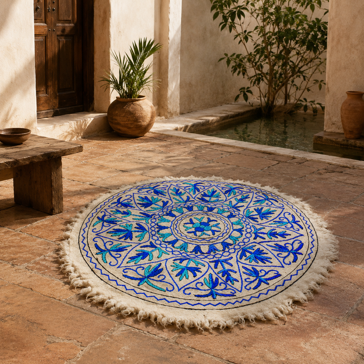 Alfombra Mandala Boho – Namda de Lana Artesanal de Cachemira, Bordado Colorido