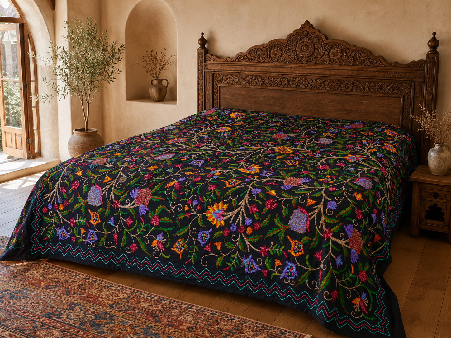 Bohemian luxury bedding "Dream of Kashmir" hand embroidered bed thow