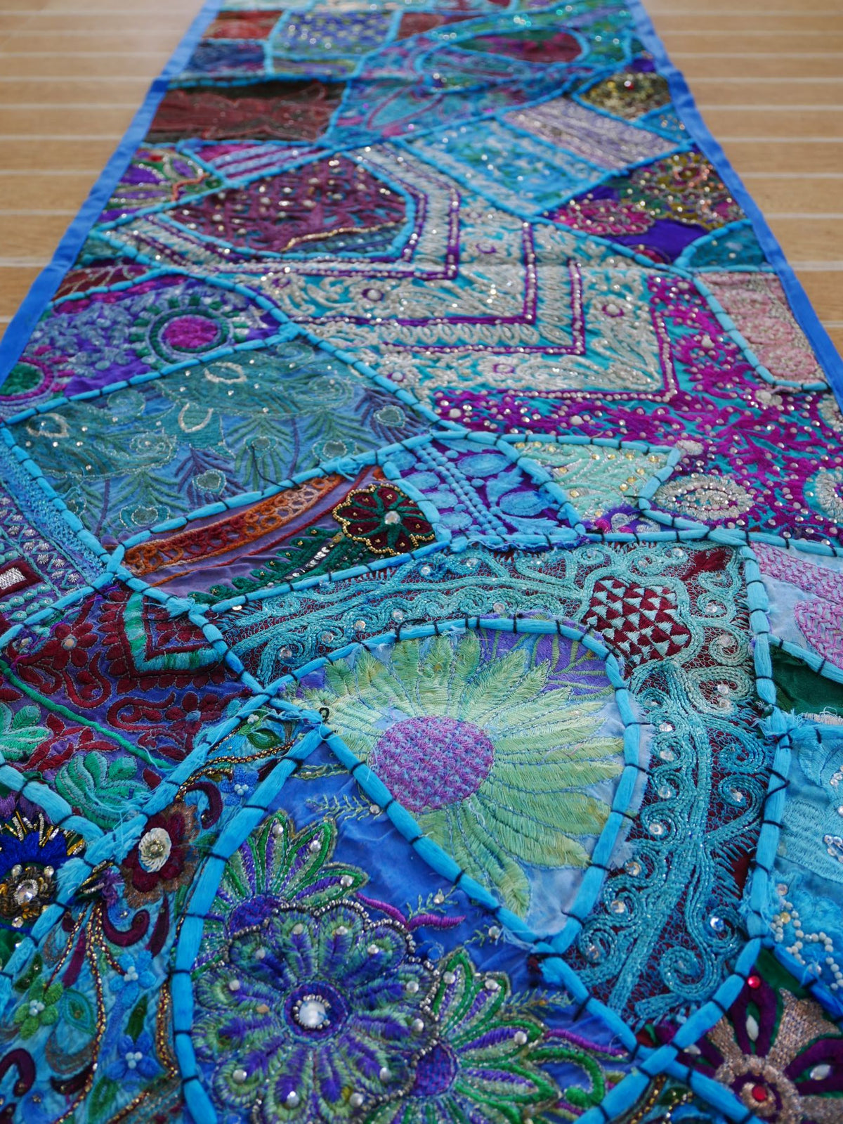 Boho wall hanging - blue tapestry - table runner vintage saree patchwork runner
