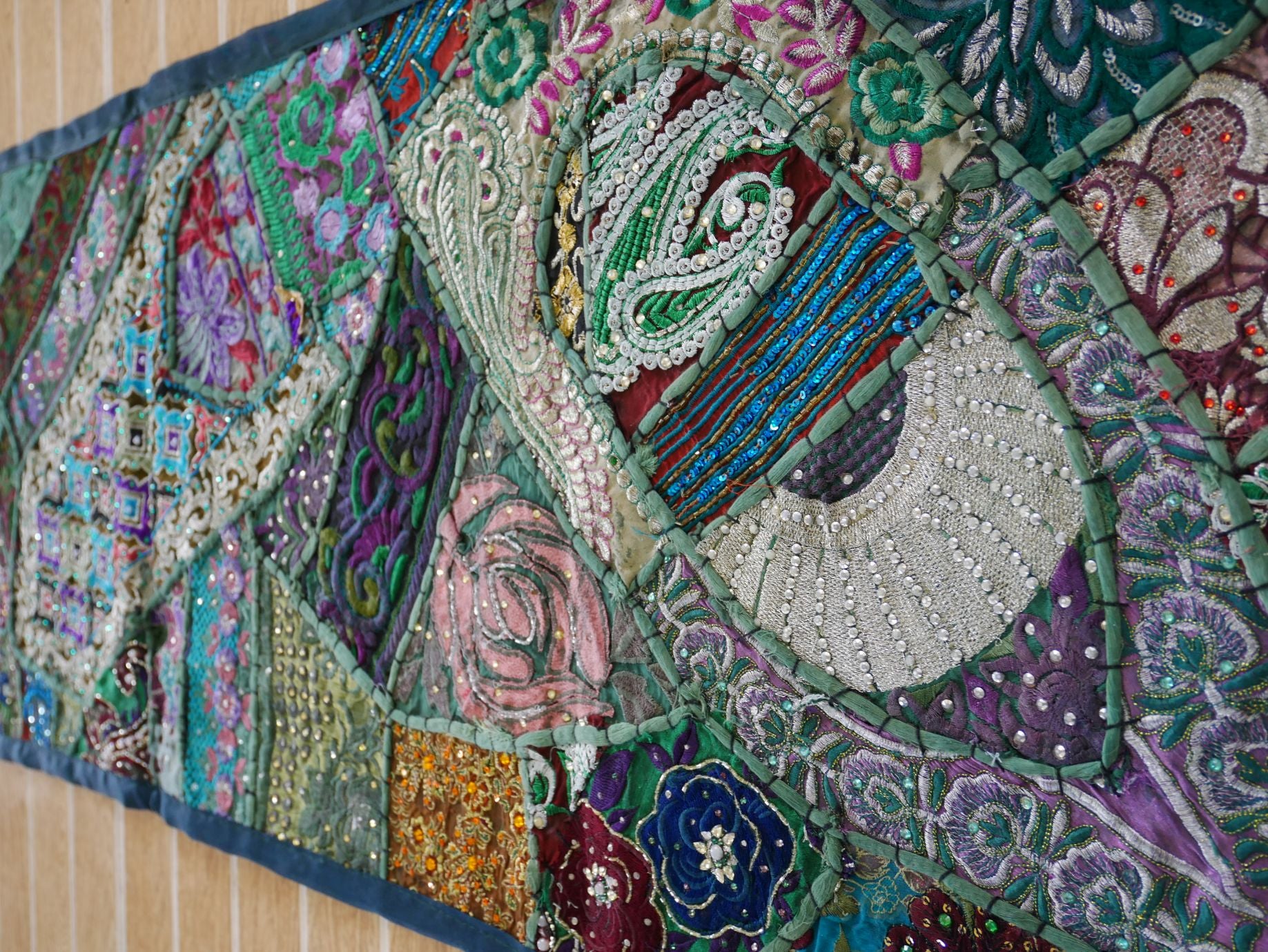 Boho table runner or wall hanging, vintage sari patchwork tapestry - hippie home decor