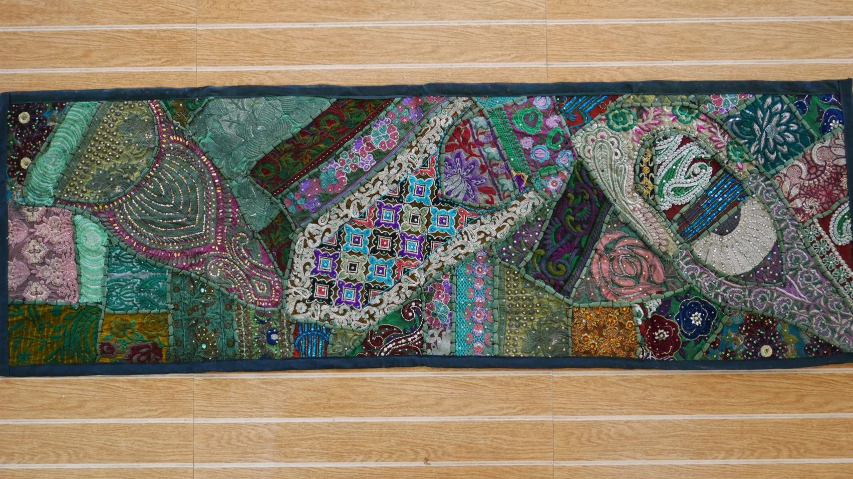 Boho table runner or wall hanging, vintage sari patchwork tapestry - hippie home decor