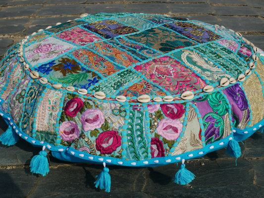 Blue floor pillow cover - colorful meditation cushion - Indian boho style floor seating.