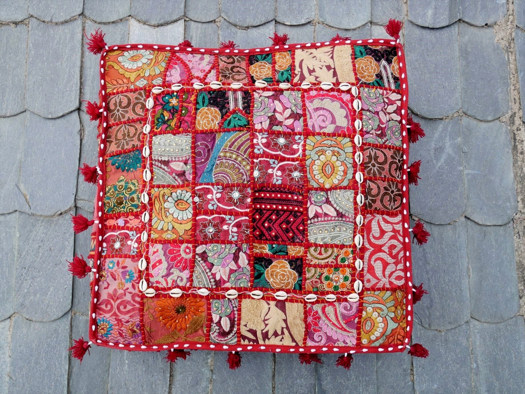 Red patchwork floor pillow cover 24" large floor cushion cover - Indian boho stlye floor seating - The Shanti Home