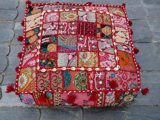 Red patchwork floor pillow cover 24" large floor cushion cover - Indian boho stlye floor seating