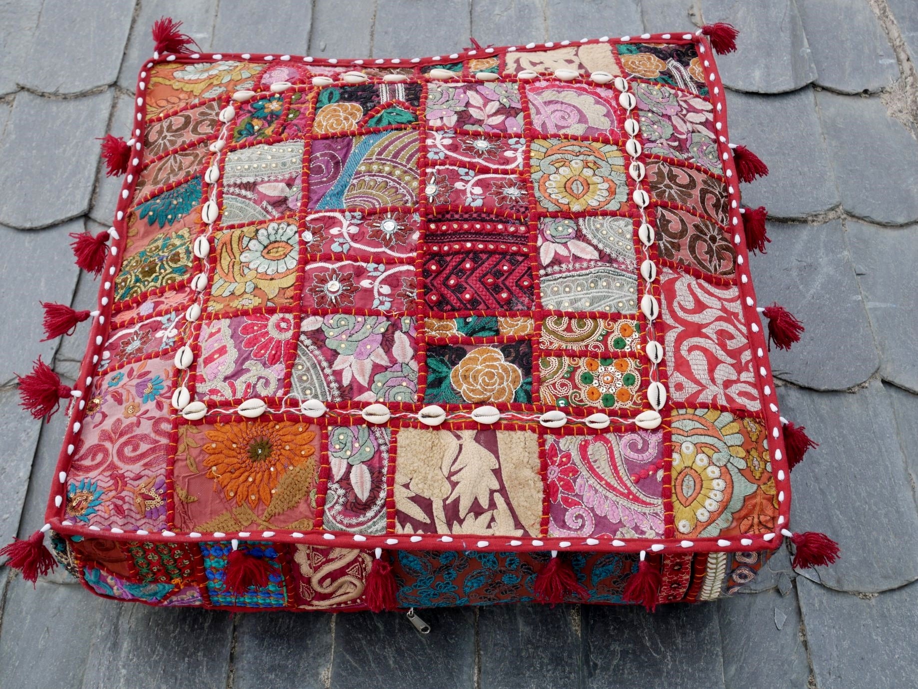 Red patchwork floor pillow cover 24" large floor cushion cover - Indian boho stlye floor seating - The Shanti Home