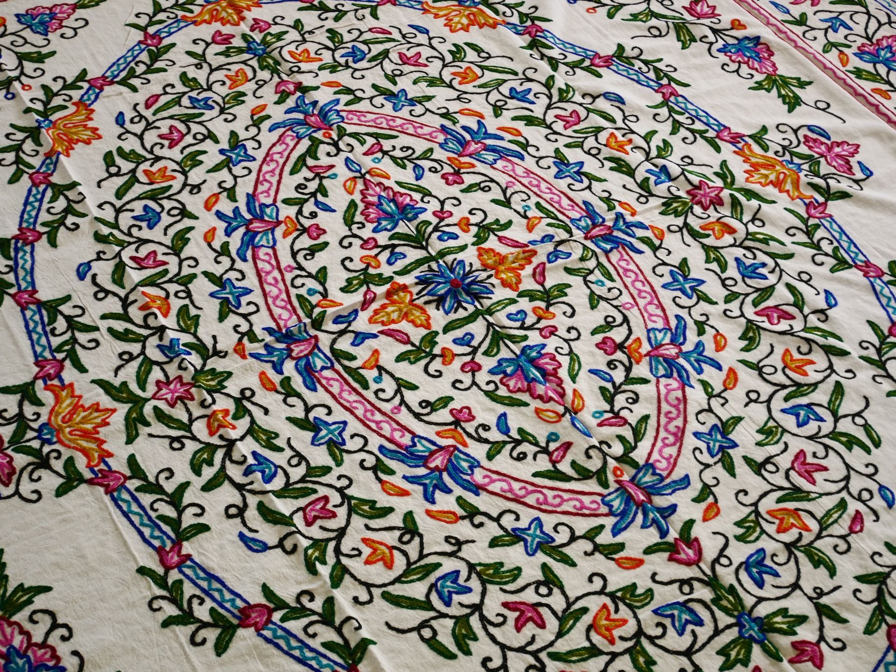 Hand embroidered Kashmiri bedspread - colorful crewel embroidery - large boho bed throw - The Shanti Home