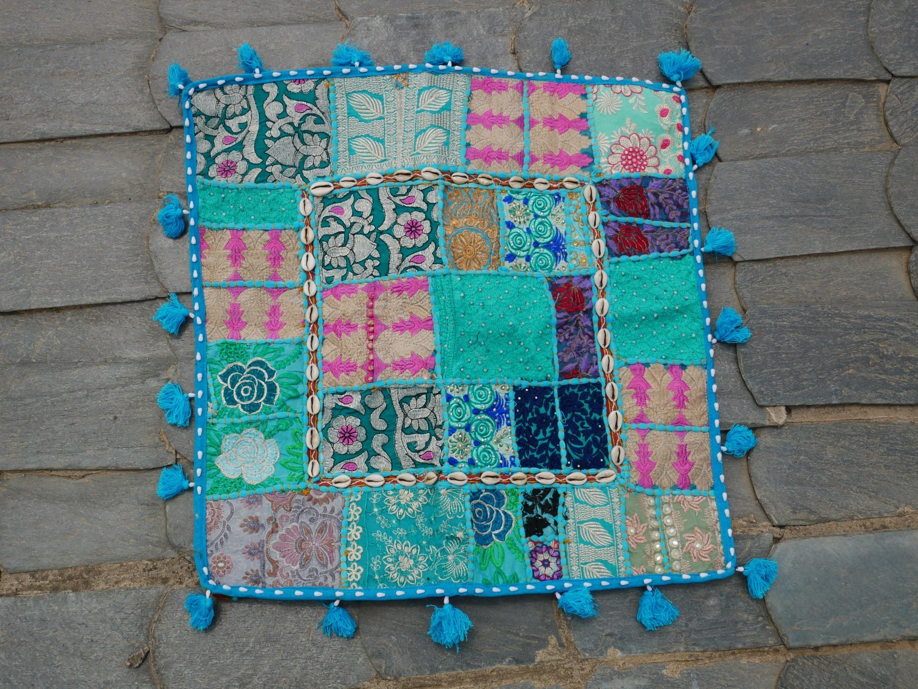 24" Floor pillow cover turquoise square pouf cushion - Indian style floor seating
