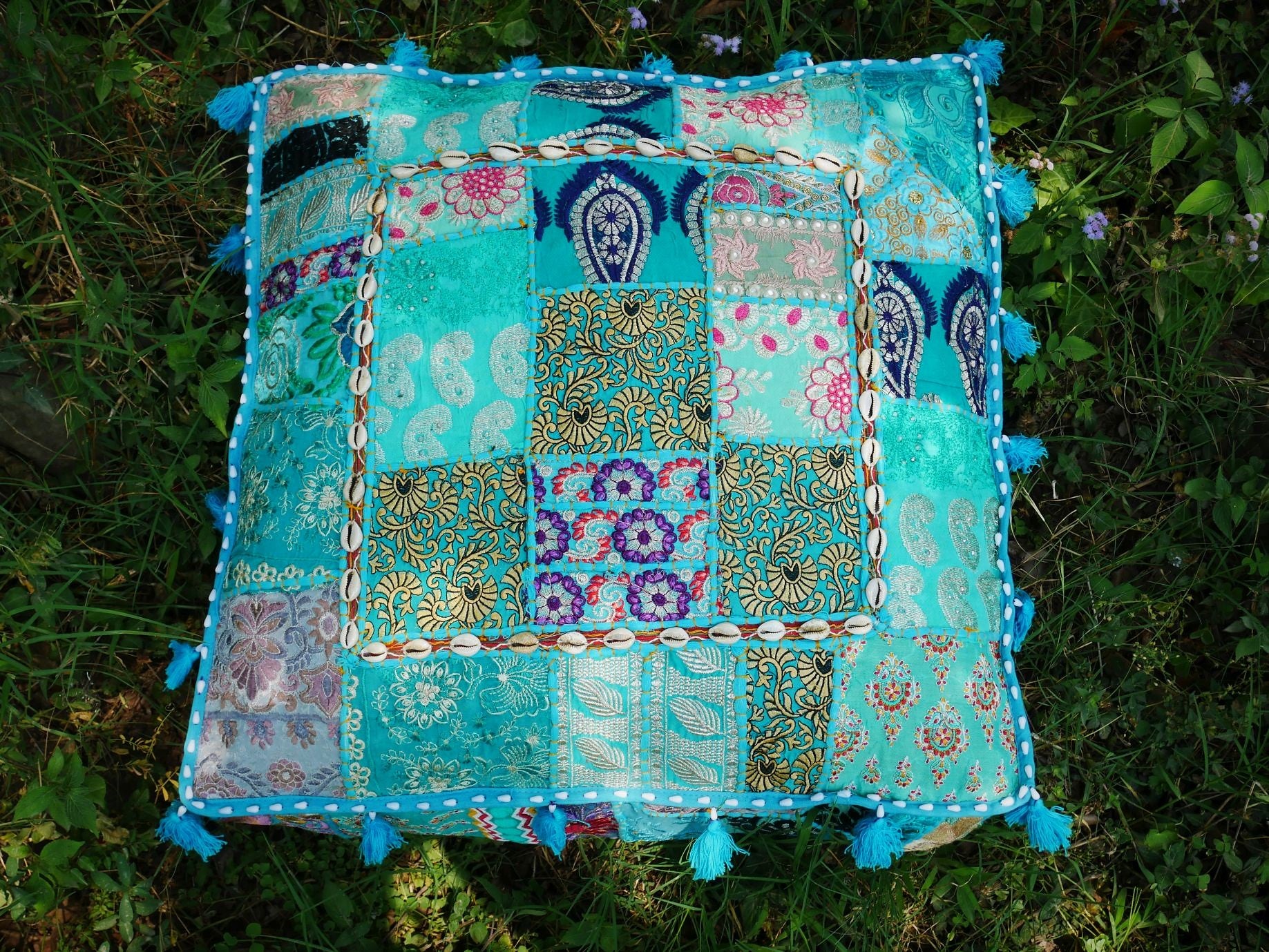 24" Floor pillow cover turquoise square pouf cushion - Indian style floor seating